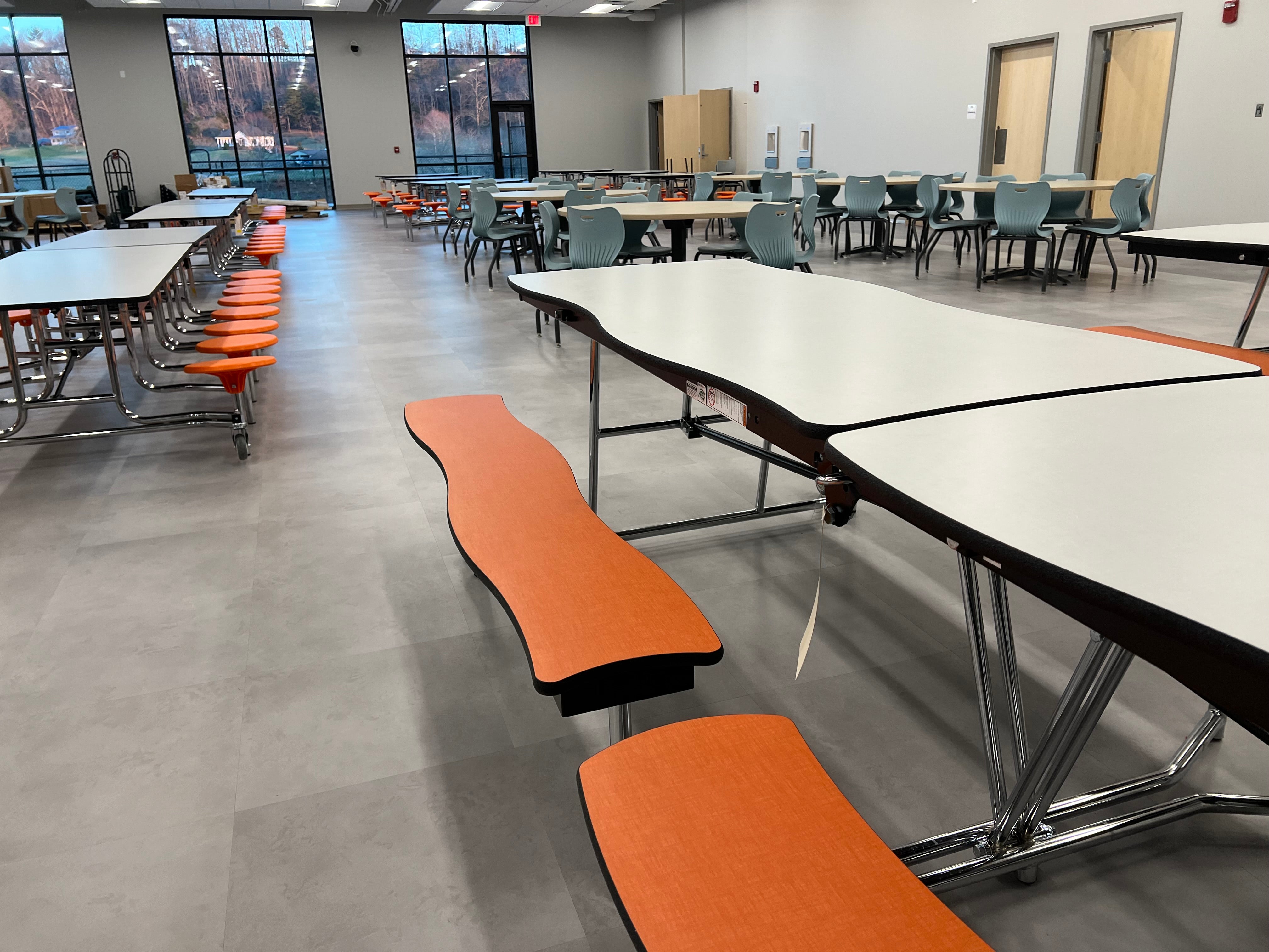 NPS® Mobile Cafeteria Table w/ Benches, 12' Swerve, MDF Core, Edge Type: ProtectEdge, Frame Type: Chrome (Specify Tabletop/Bench Laminate Color and Height)