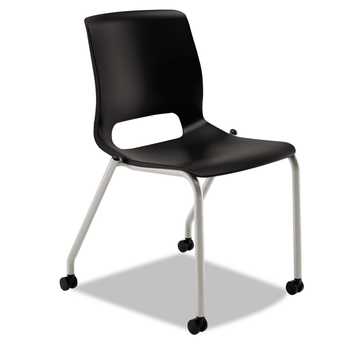HON Motivate Chair, Onyx Plastic Seat and Back, Platinum Metallic Reinforced Resin Frame, Black Back, Stackable, No Arms, Dual-Wheeled Casters, 2 Chairs per Carton