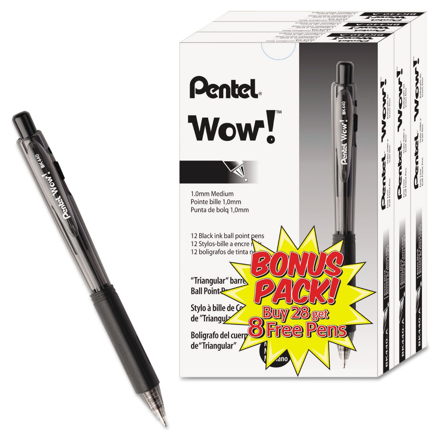 Pentel WOW! Retractable Ballpoint Pens - Medium Pen Point - Refillable - Retractable - Black Ink - Transparent Barrel - 36 / Pack