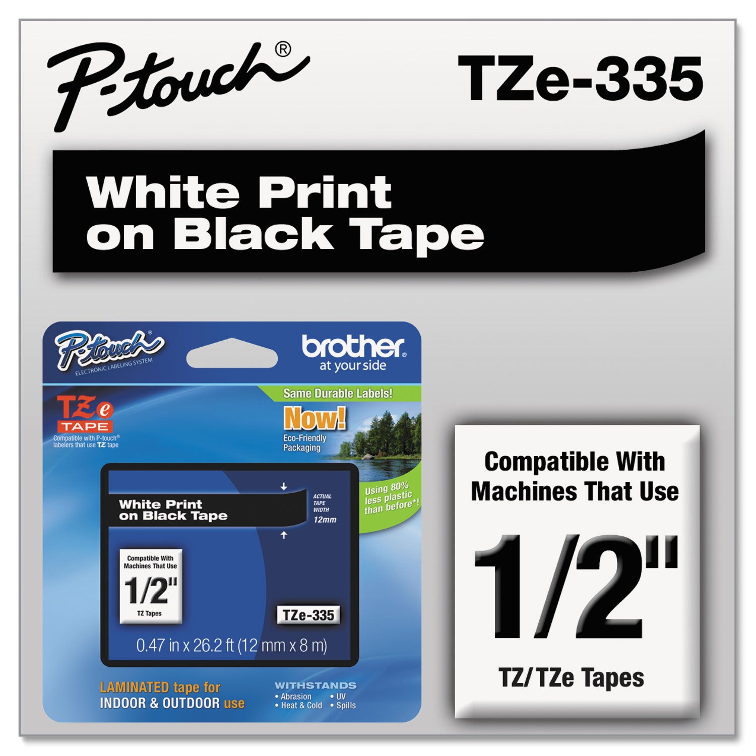 Tze Standard Adhesive Laminated Labeling Tape, 0.47" X 26.2 Ft, White On Black