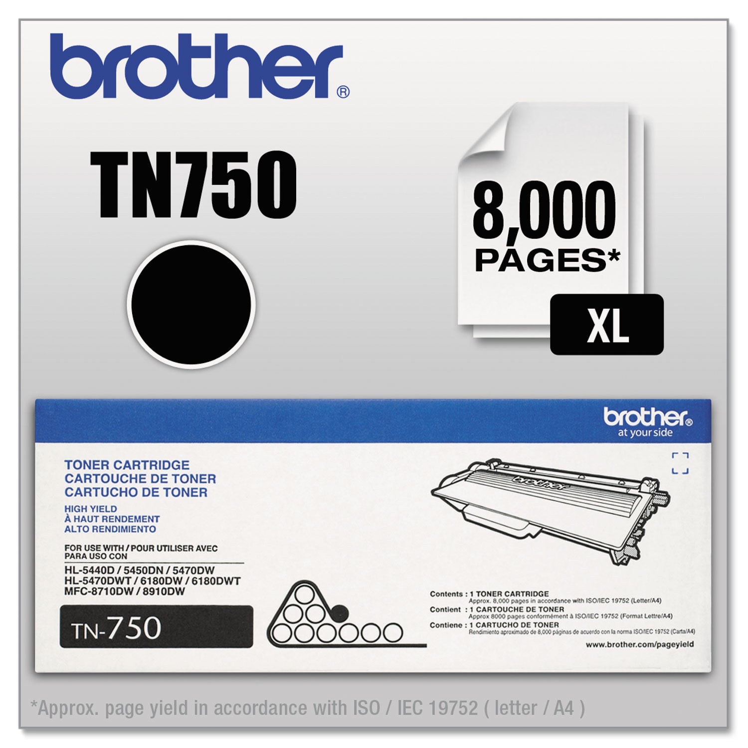 Brother TN750 Original High Yield Laser Toner Cartridge - Black - 1 Each