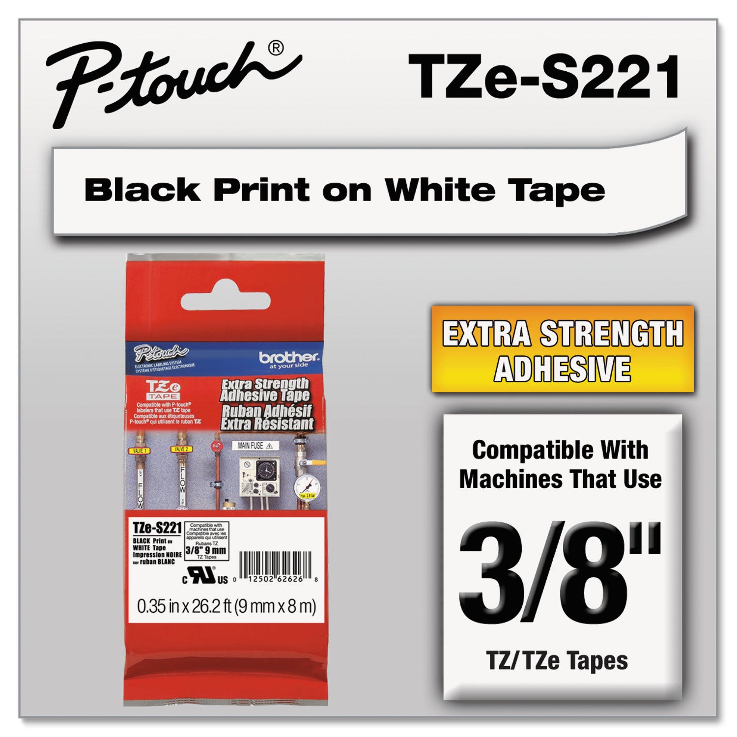 Tze Extra-Strength Adhesive Laminated Labeling Tape, 0.35" X 26.2 Ft, Black On White