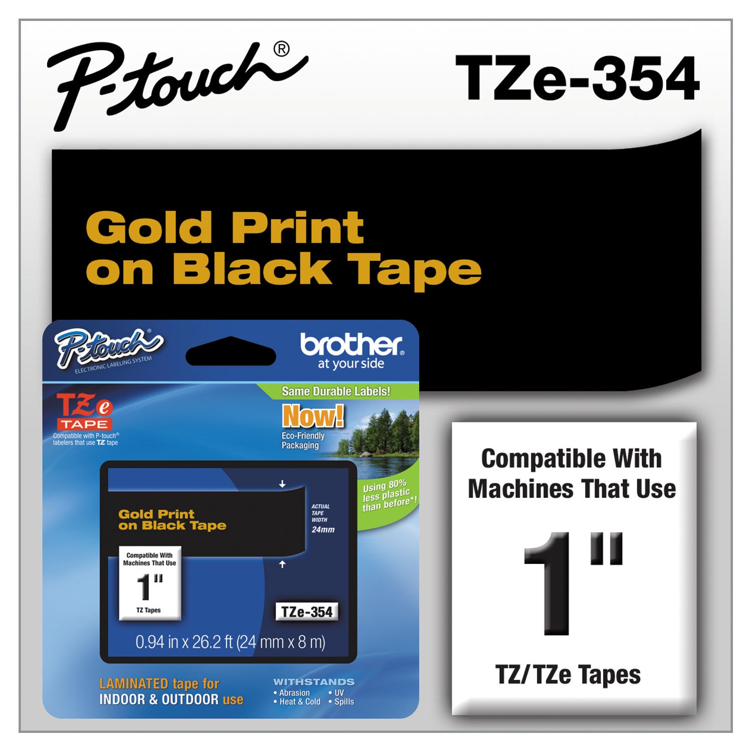 Tze Standard Adhesive Laminated Labeling Tape, 0.94" X 26.2 Ft, Gold On Black