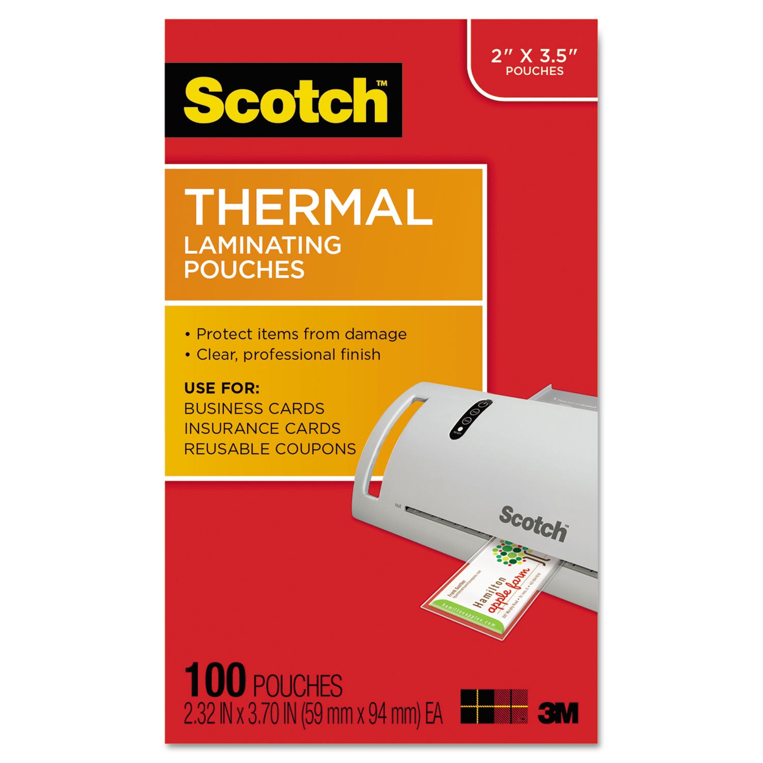 Scotch Thermal Laminating Pouches, 2.30" x 3.70", 5 mil, Glossy, Double Sided, Moisture Resistant, Photo-safe, Clear, 100 Pack