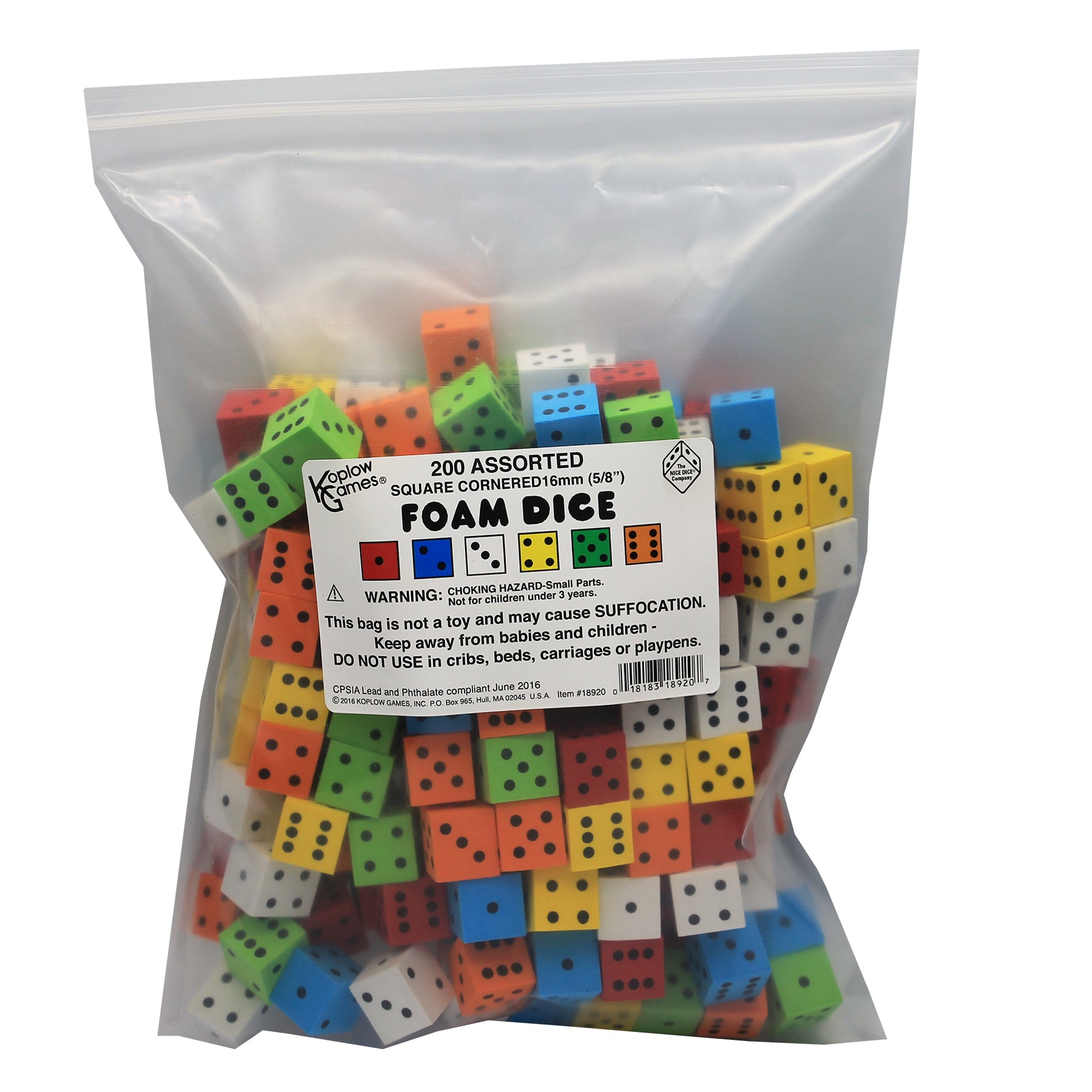 Foam Spot Dice, Assorted Color, 16mm, Bag of 200