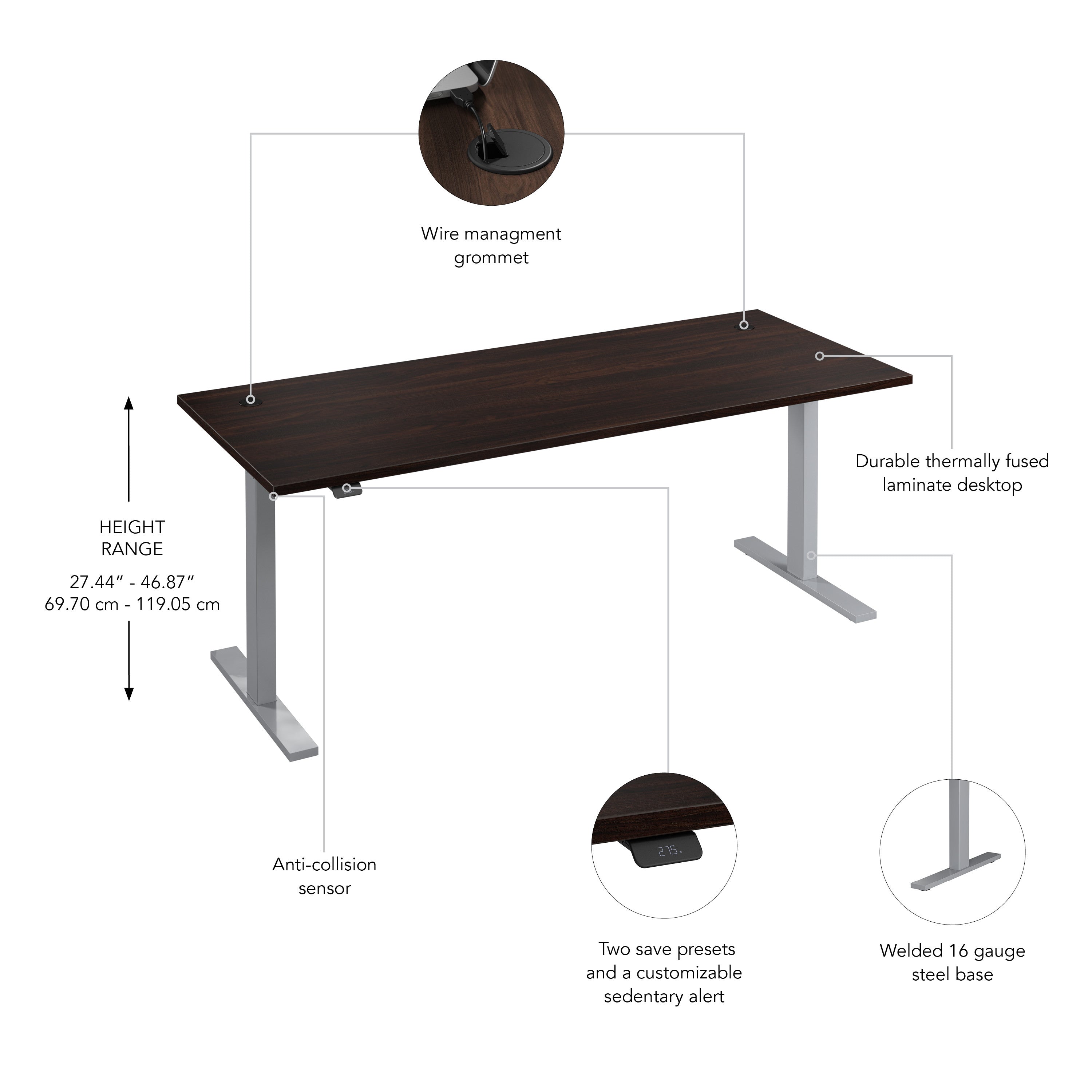 Bush Business Furniture Move 60 Series 72W x 30D Electric Height Adjustable Standing Desk in Black Walnut with Metallic Gray Base - 71.02" Width x 29.37" Depth x 47.69" Height
