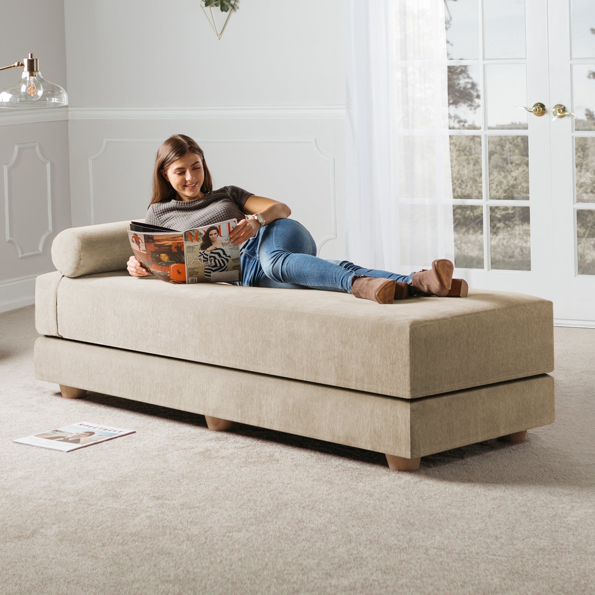 Jaxx Alon Daybed/Fold-Out Sleeper, Queen-Size Mattress - Premium Chenille, Beige