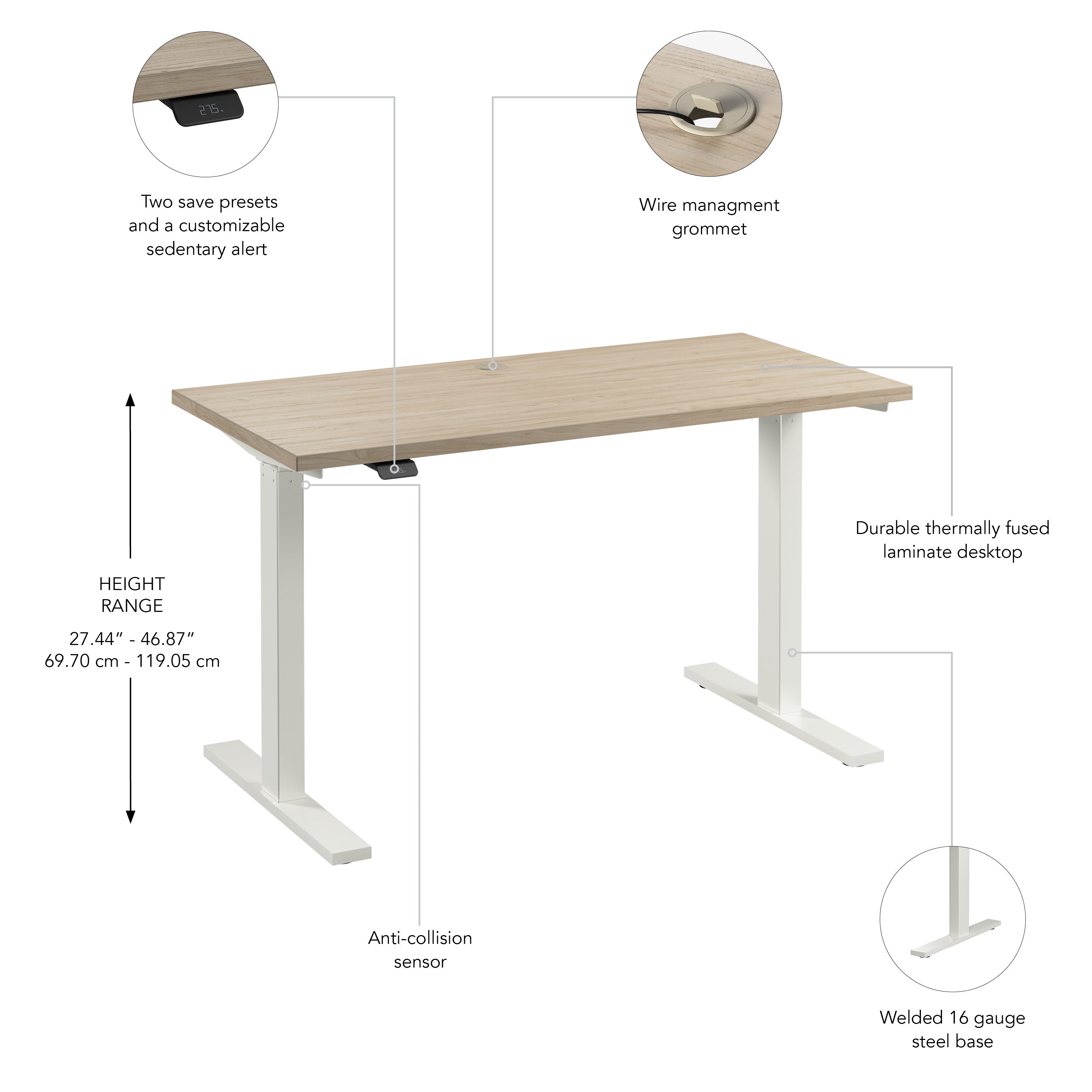 Bush Business Furniture Move 60 Series 48W x 24D Electric Height Adjustable Standing Desk in Natural Elm with White Base - 47.6" Width x 23.62" Depth x 27.44" Height