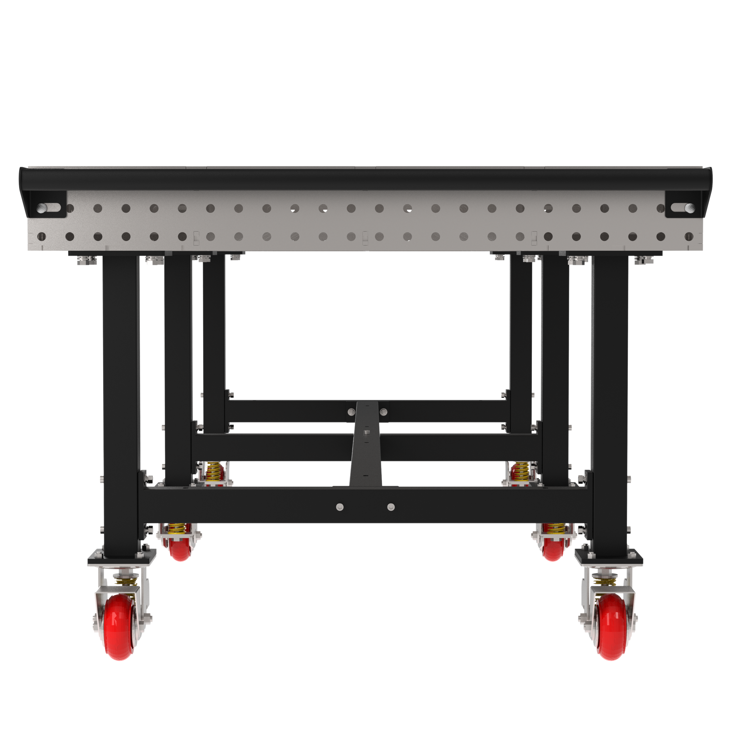 Welding Fixture Table, Fixed Height, 36"H x 120"L x 48"D, 1/4" Carbon Steel Top, Six Black Powdercoat Legs, Handle, 6 Heavy Duty Suspension Casters (4 Locking/Swiveling Casters and 2 Non-Locking/Non-SwivelingCasters)