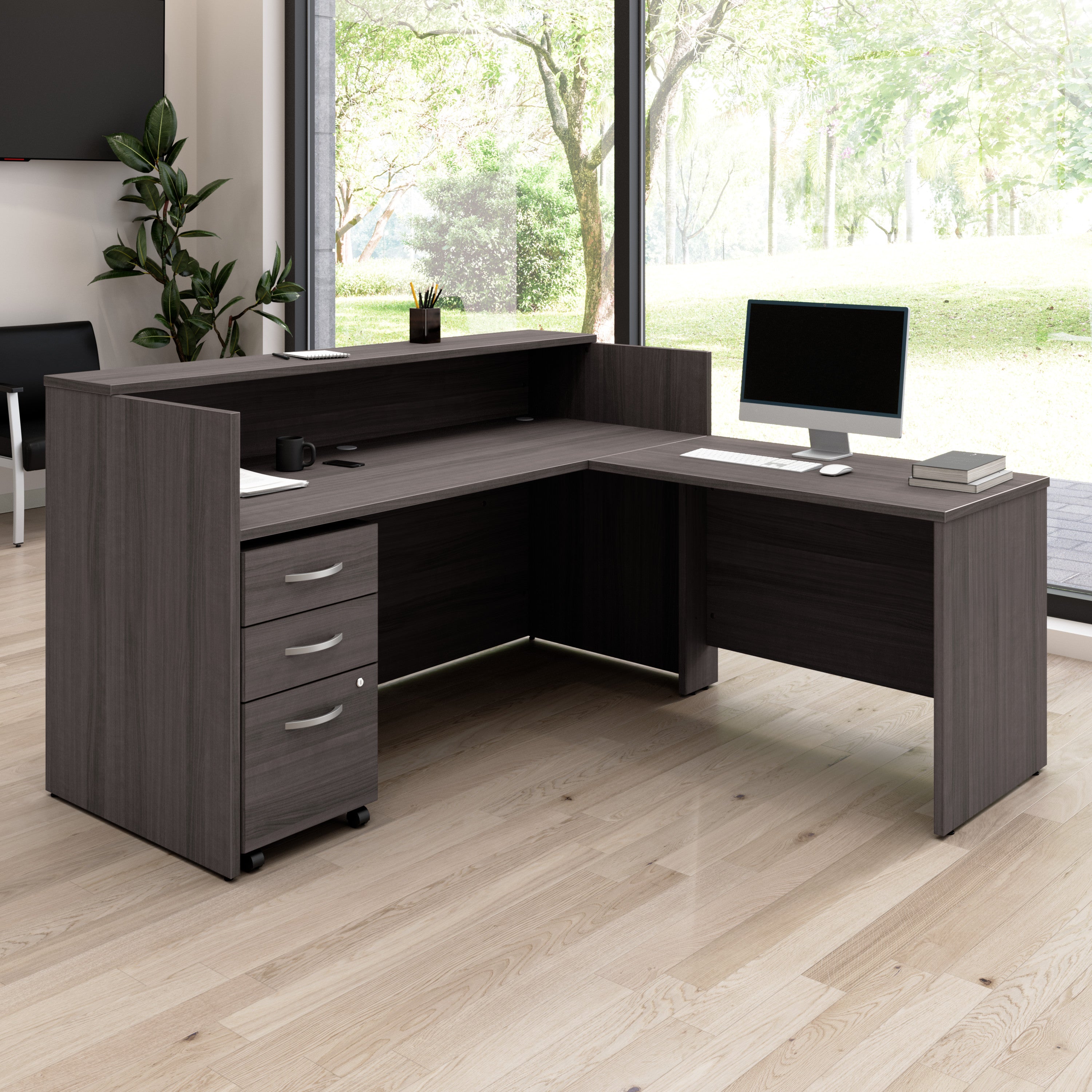 Bush Business Furniture Arrive 72W x 72D L Shaped Reception Desk with Shelf and Mobile File Cabinet in Storm Gray - 71.02" Width x 71.14" Depth x 40.35" Height