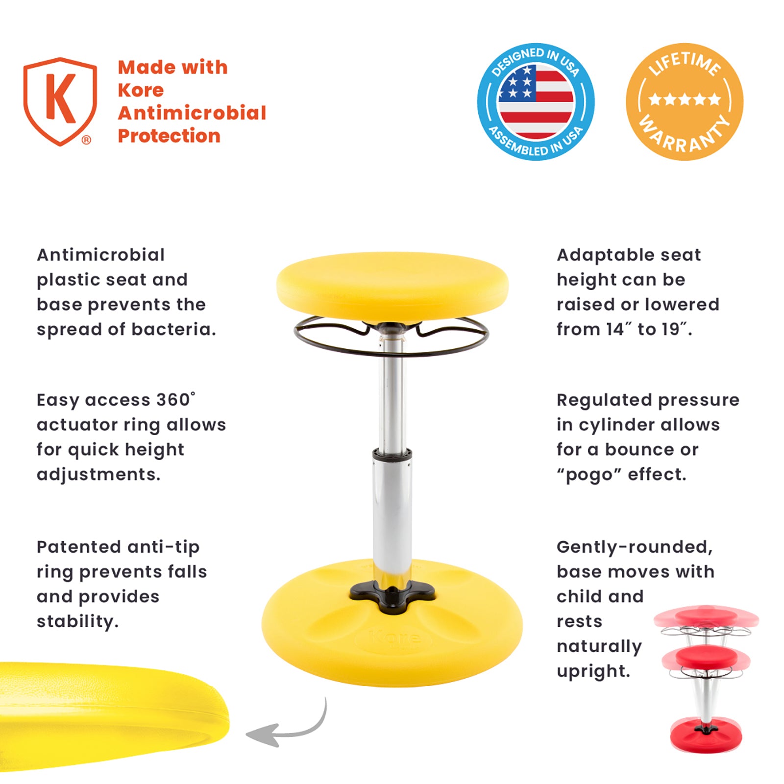 Kids Adjustable Standard Wobble Chair 14-19", Yellow