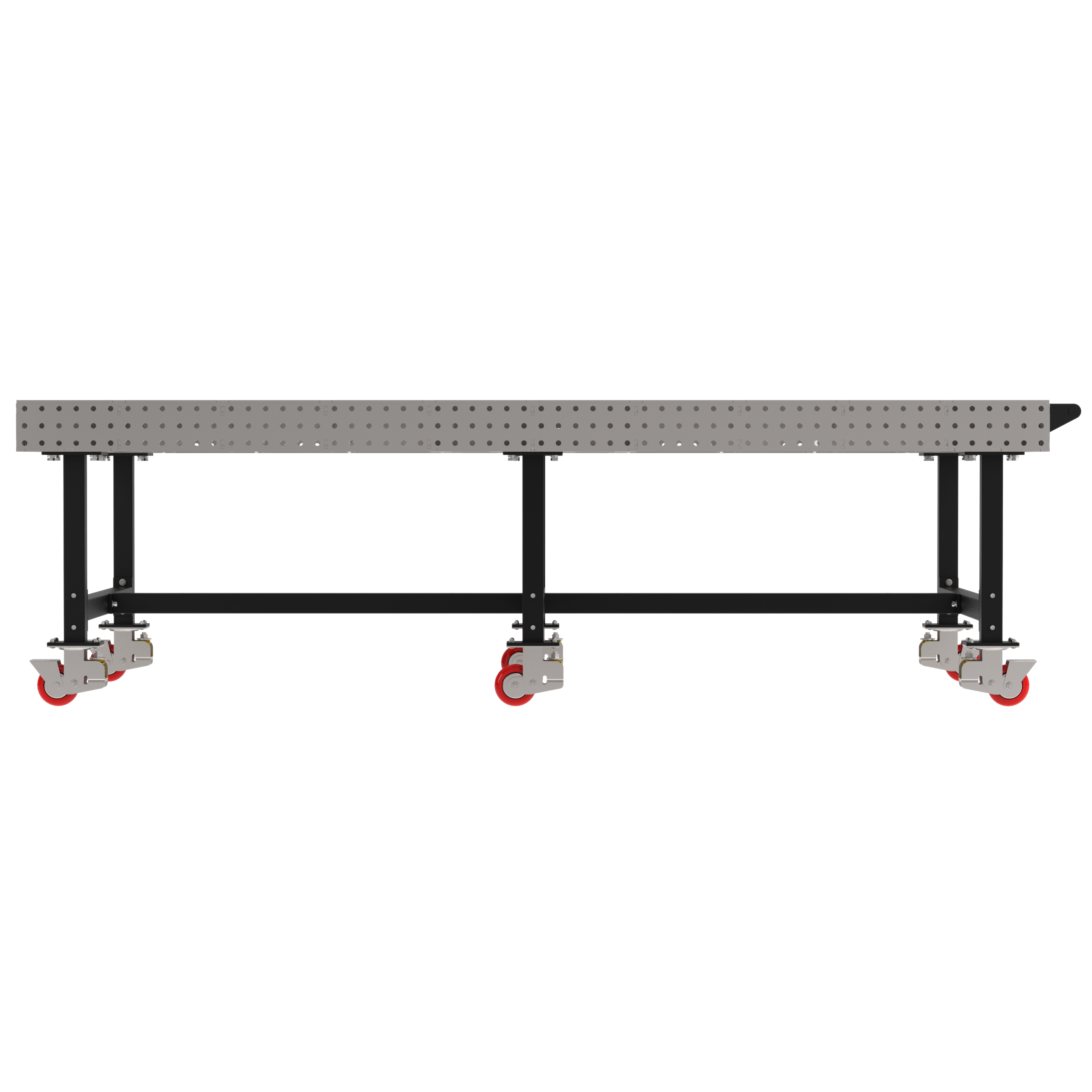 Welding Fixture Table, Fixed Height, 36"H x 120"L x 60"D, 1/4" Carbon Steel Top, Six Black Powdercoat Legs, Handle, 6 Heavy Duty Suspension Casters (4 Locking/Swiveling Casters and 2 Non-Locking/Non-SwivelingCasters)