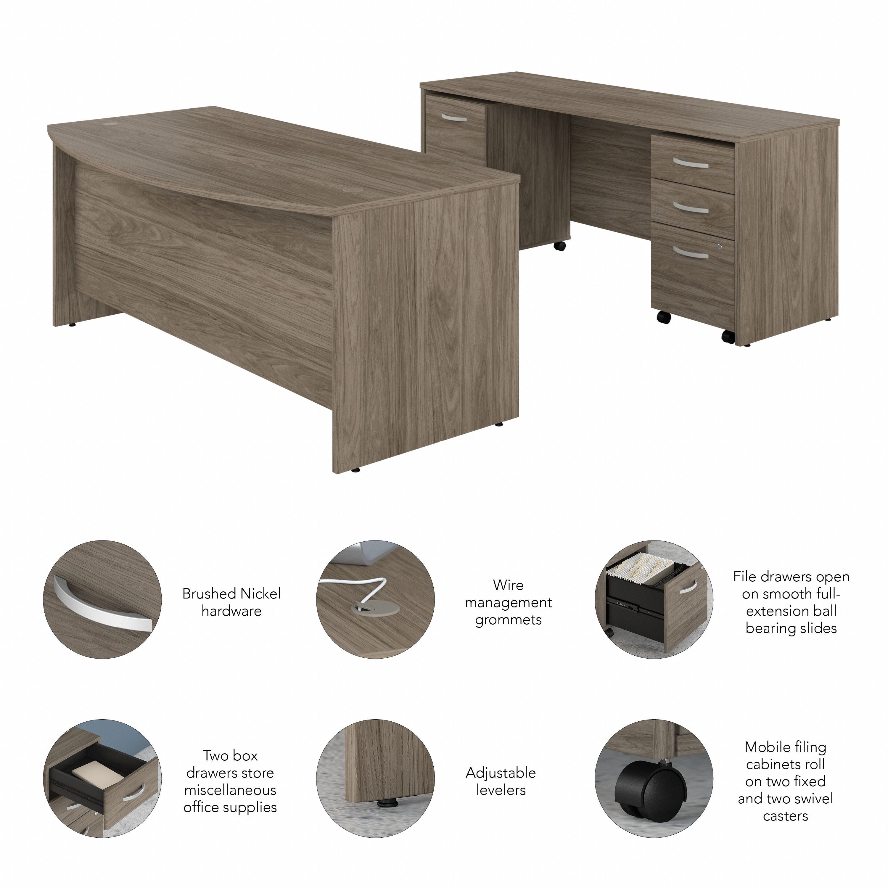 Bush Business Furniture Studio C 72W x 36D Bow Front Desk and Credenza with Mobile File Cabinets in Modern Hickory - 71.02" Width x 94.78" Depth x 29.84" Height