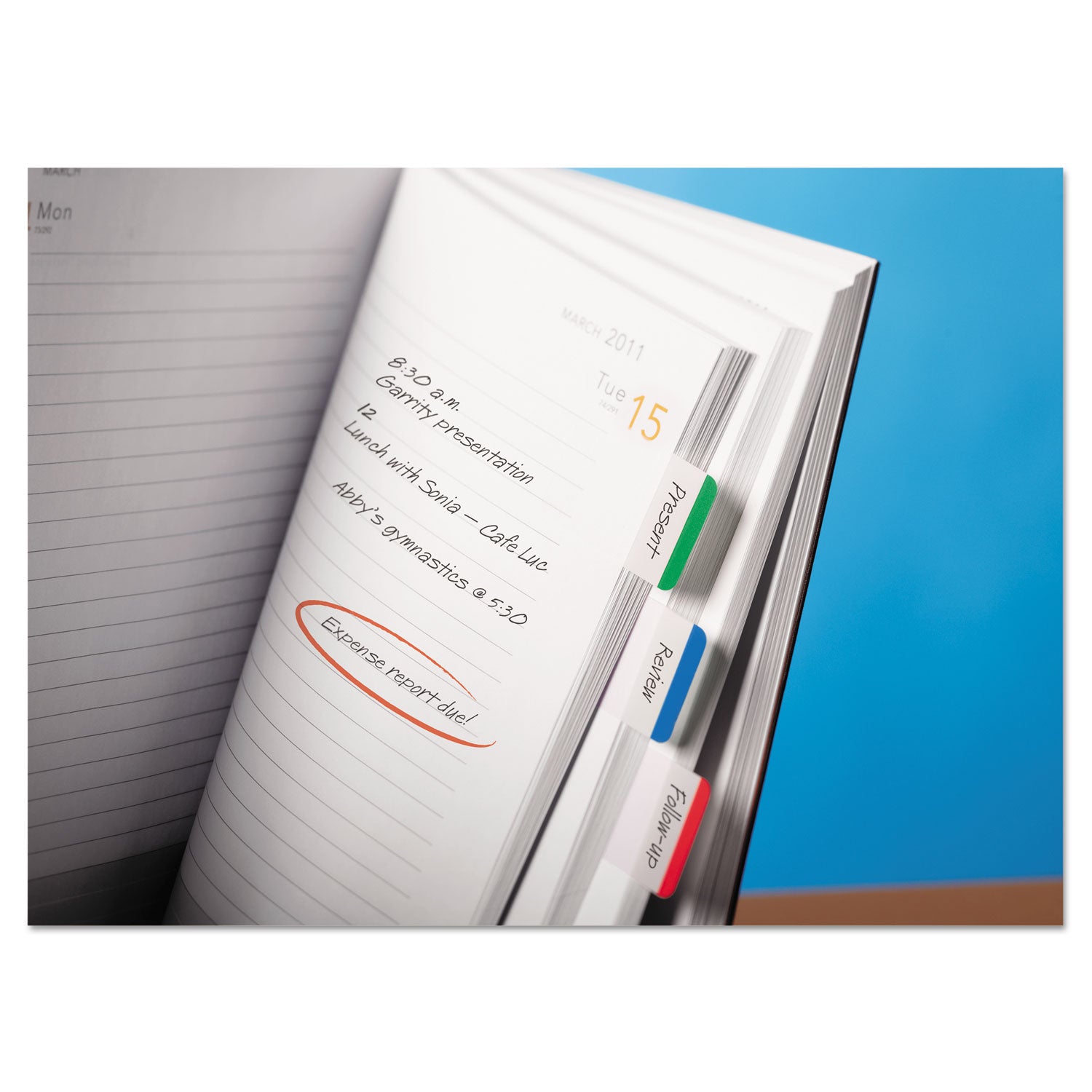 Post-it&reg; Durable Tabs - 1.50" Tab Height x 1" Tab Width - Green, Red, Blue Tab(s) - Repositionable - 1 Pack