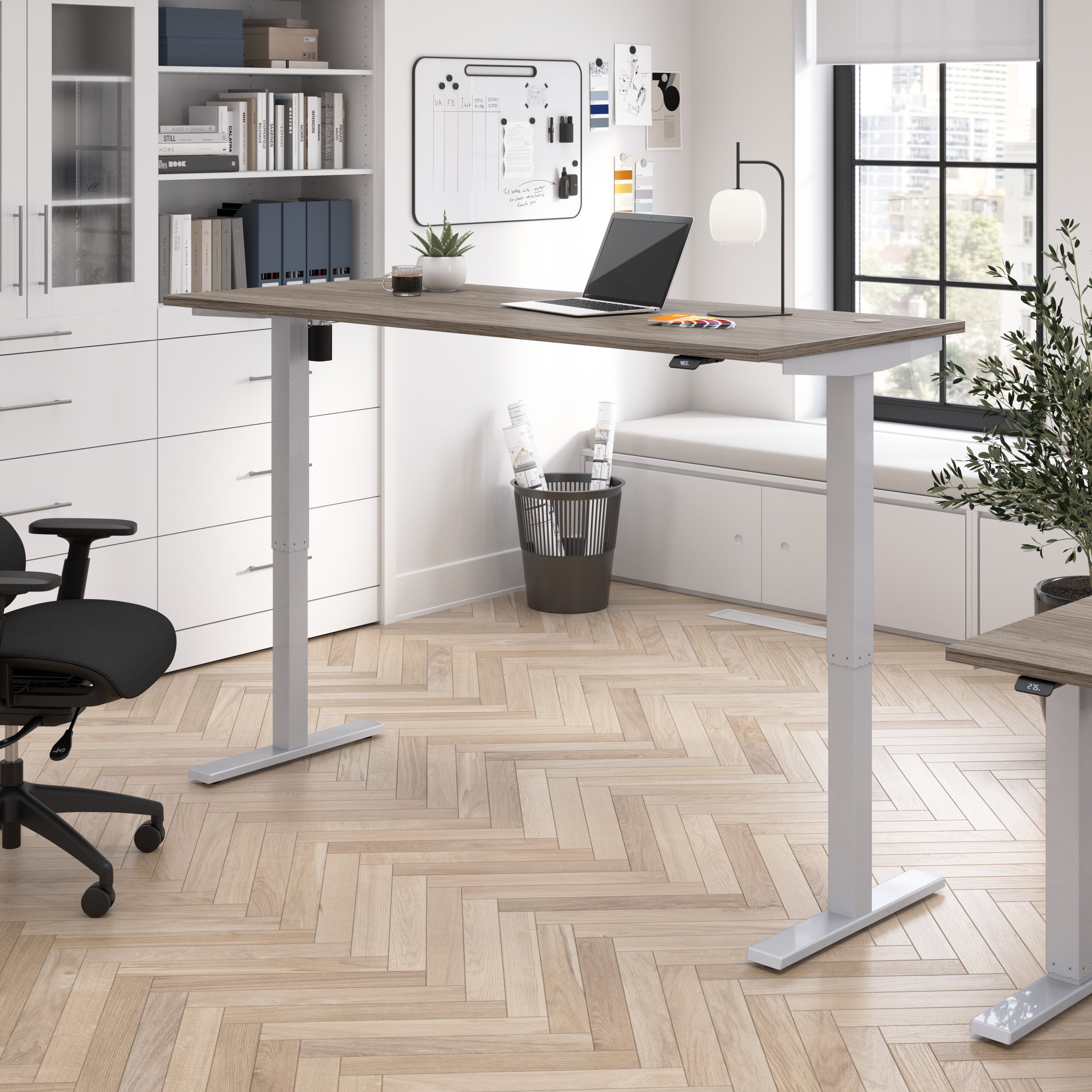 Bush Business Furniture Move 40 Series 72W x 30D Electric Height Adjustable Standing Desk in Modern Hickory with Metallic Gray Base - 71.02" Width x 29.37" Depth x 28.17" Height
