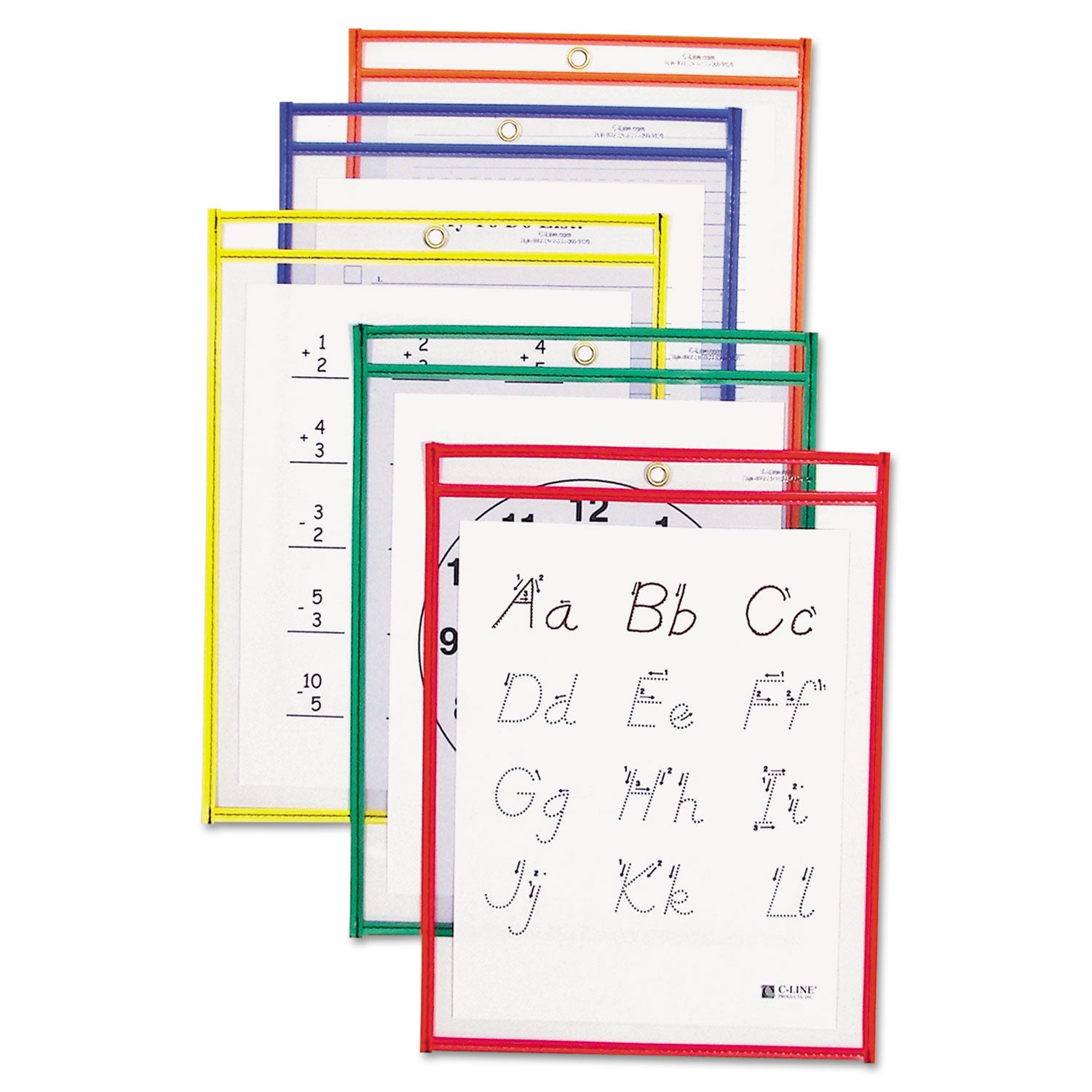 Reusable Dry Erase Pockets, Primary Colors, 9" x 12", Pack of 5