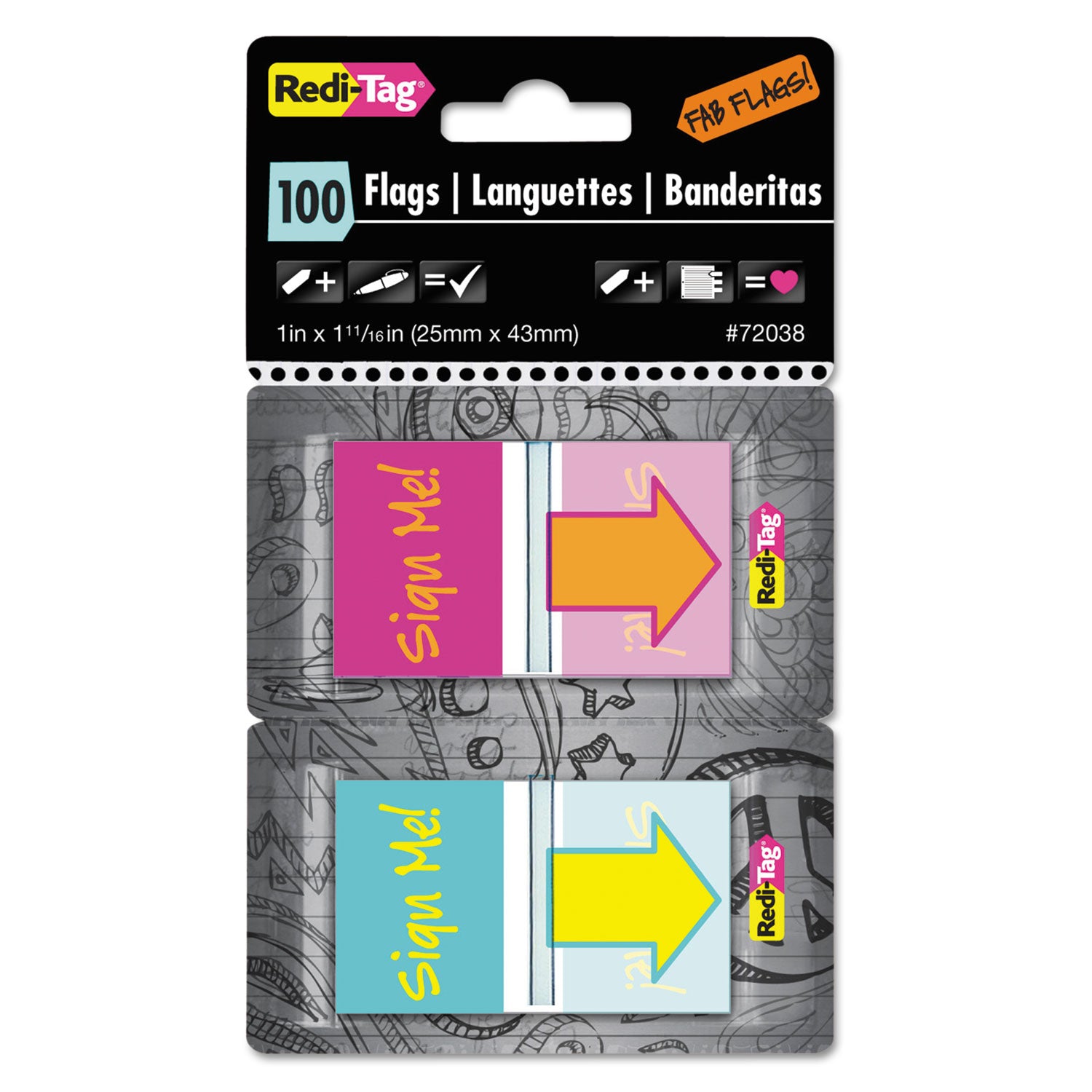 Pop-Up Fab Page Flags W/dispenser, "sign Me!", Red/orange, Teal/yellow, 100/pack