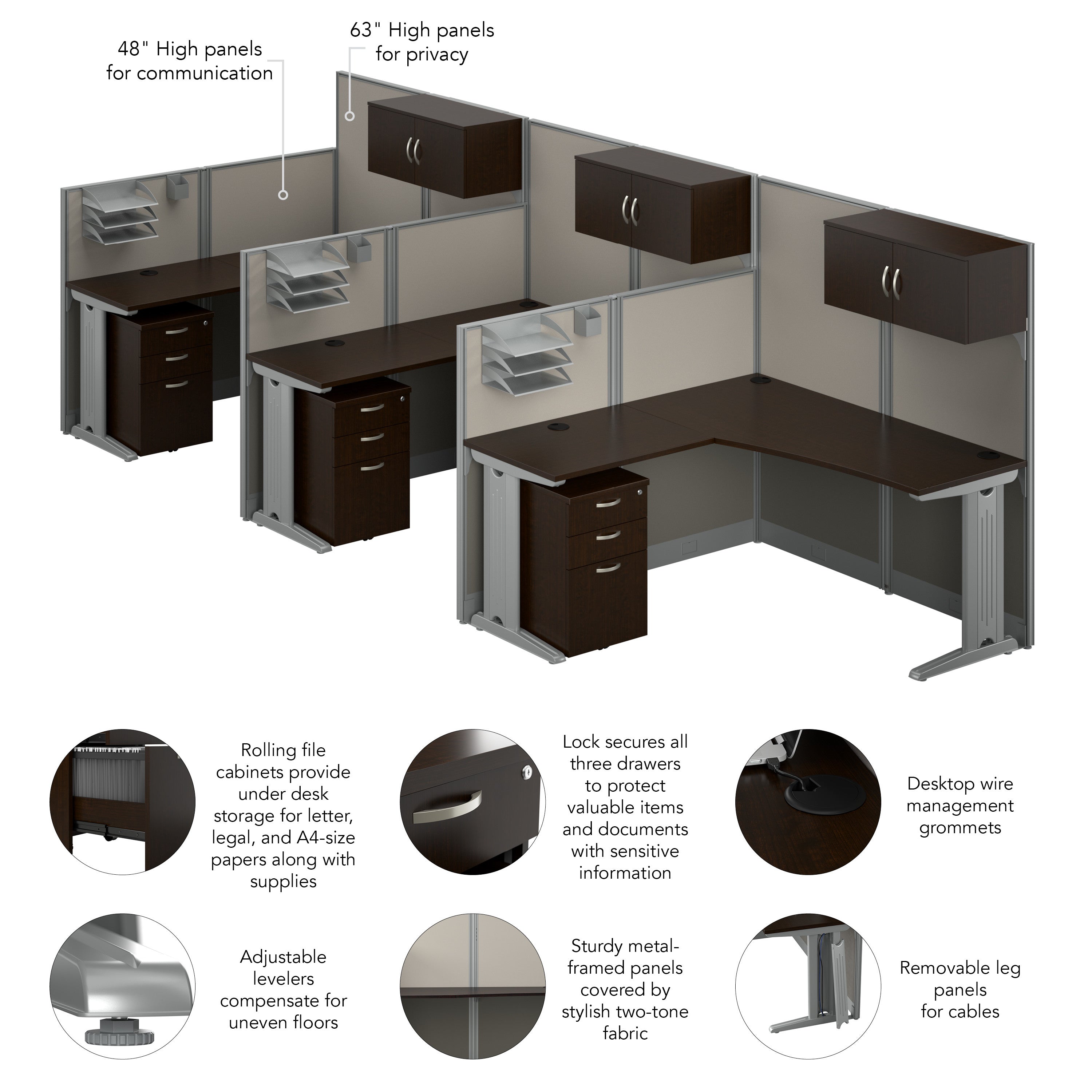 Bush Business Furniture Office in an Hour 3 Person L Shaped Cubicle Desks with Storage, Drawers, and Organizers in Mocha Cherry - 193.47" Width x 64.49" Depth x 62.87" Height