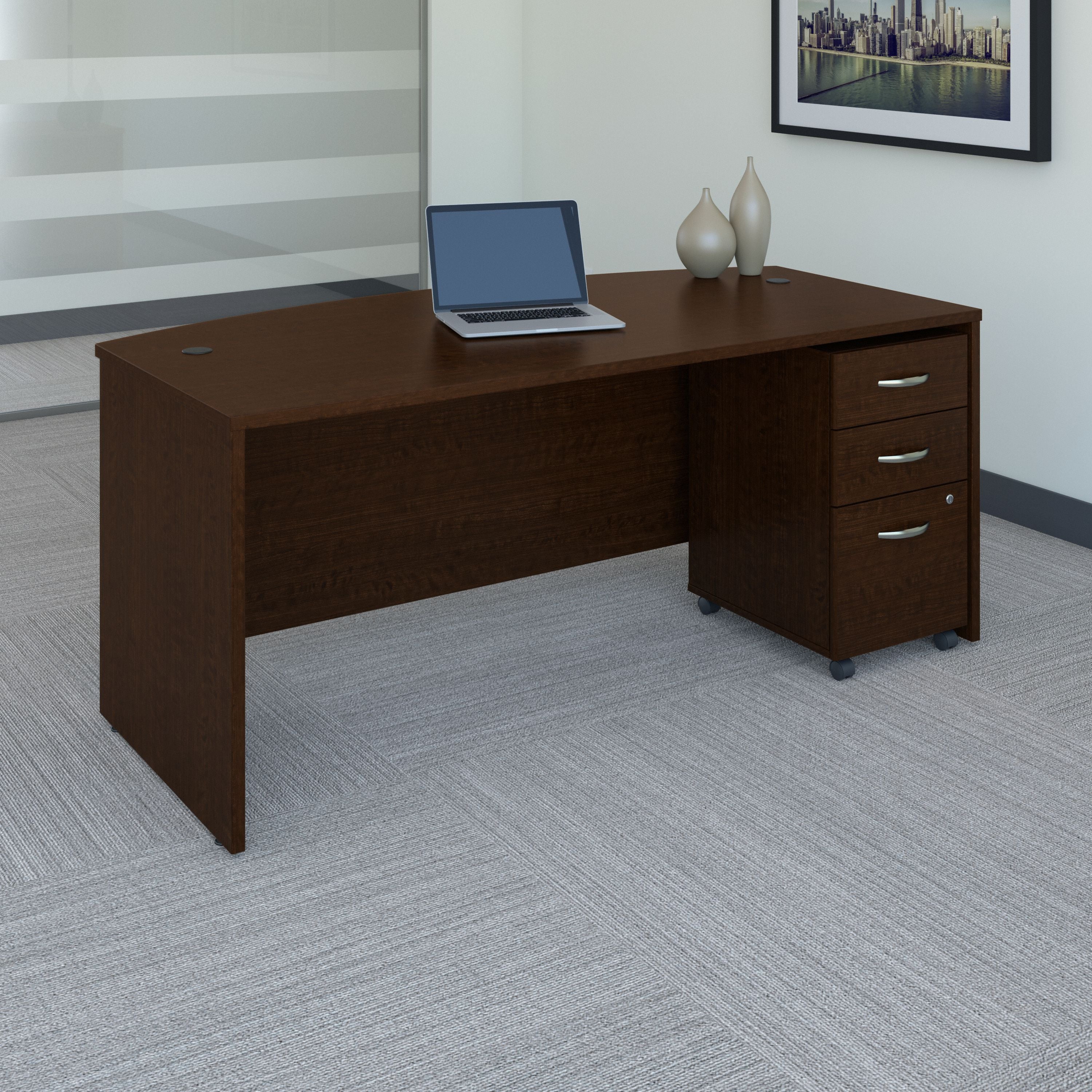 Bush Business Furniture Series C 72W x 36D Bow Front Desk with Mobile File Cabinet in Mocha Cherry - 71.1" Width x 36.06" Depth x 29.84" Height