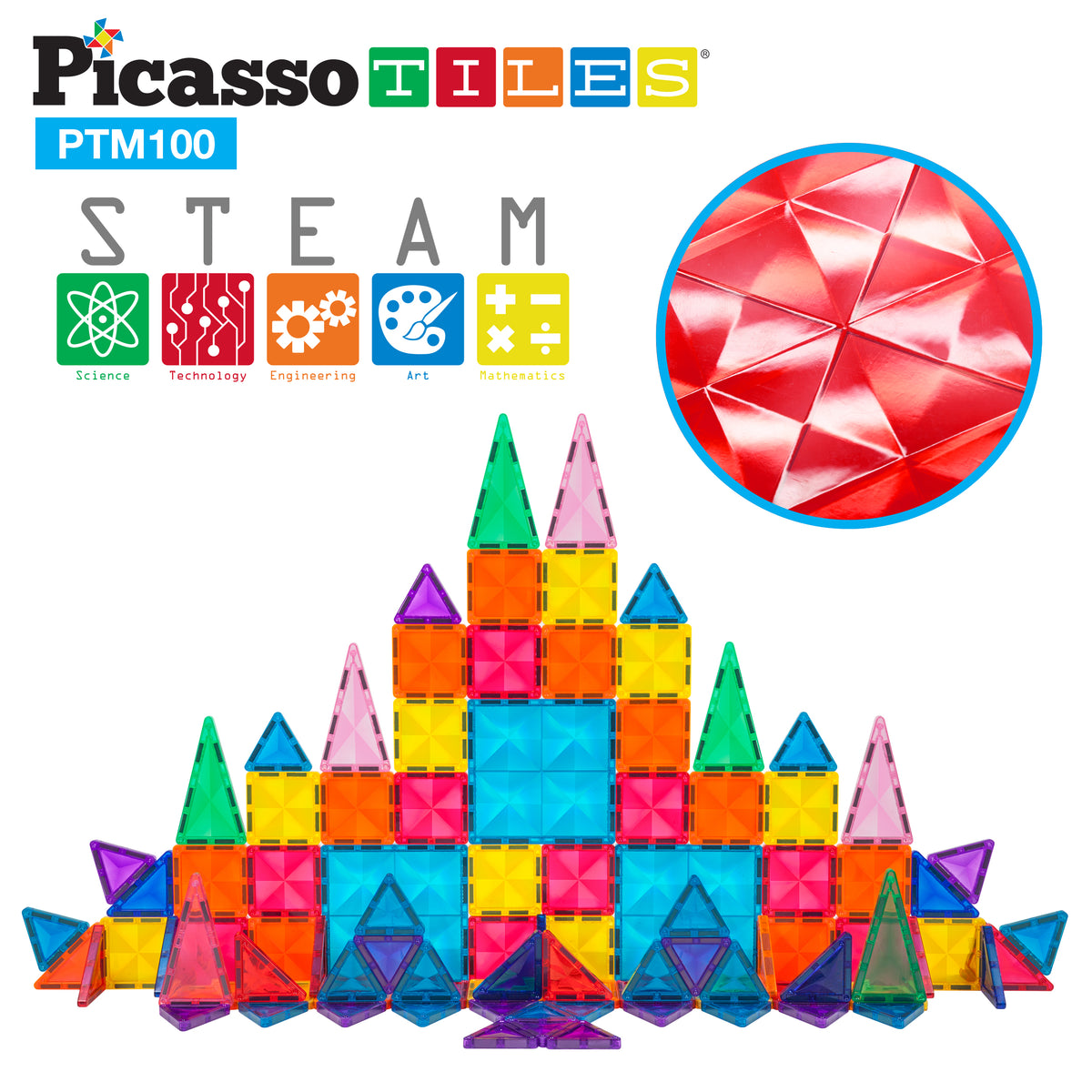 PicassoTiles Mini Magnetic Tiles for Kids – 100PCS STEM Building Blocks Travel Set  Educational Construction Toy  Creative Portable Learning Kit