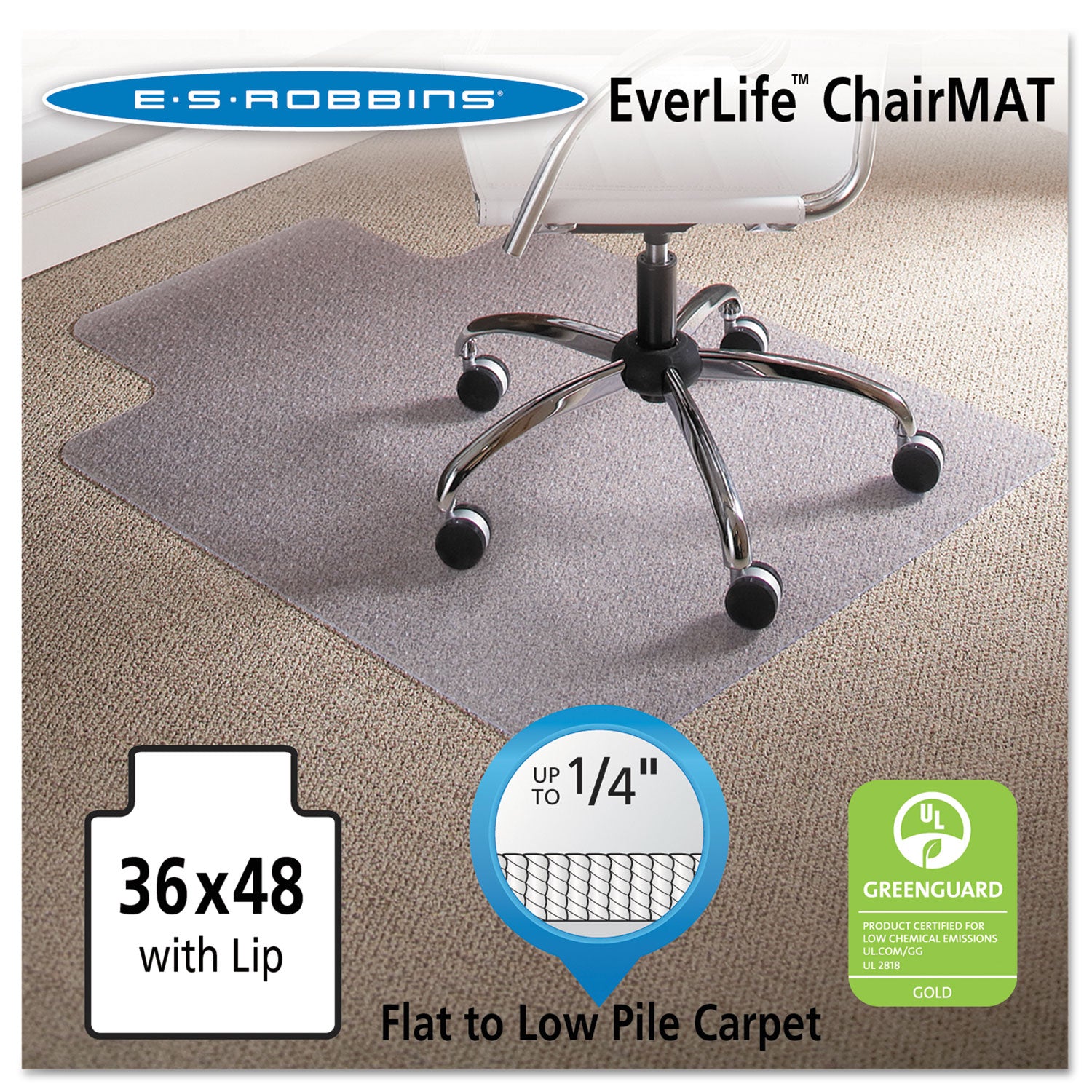 ES ROBBINS EverLife Chair Mat with Lip - Pile Carpet - 48" Length x 36" Width x 0.098" Thickness - Lip Size 10" Length x 20" Width - Vinyl - Clear - 1 Each