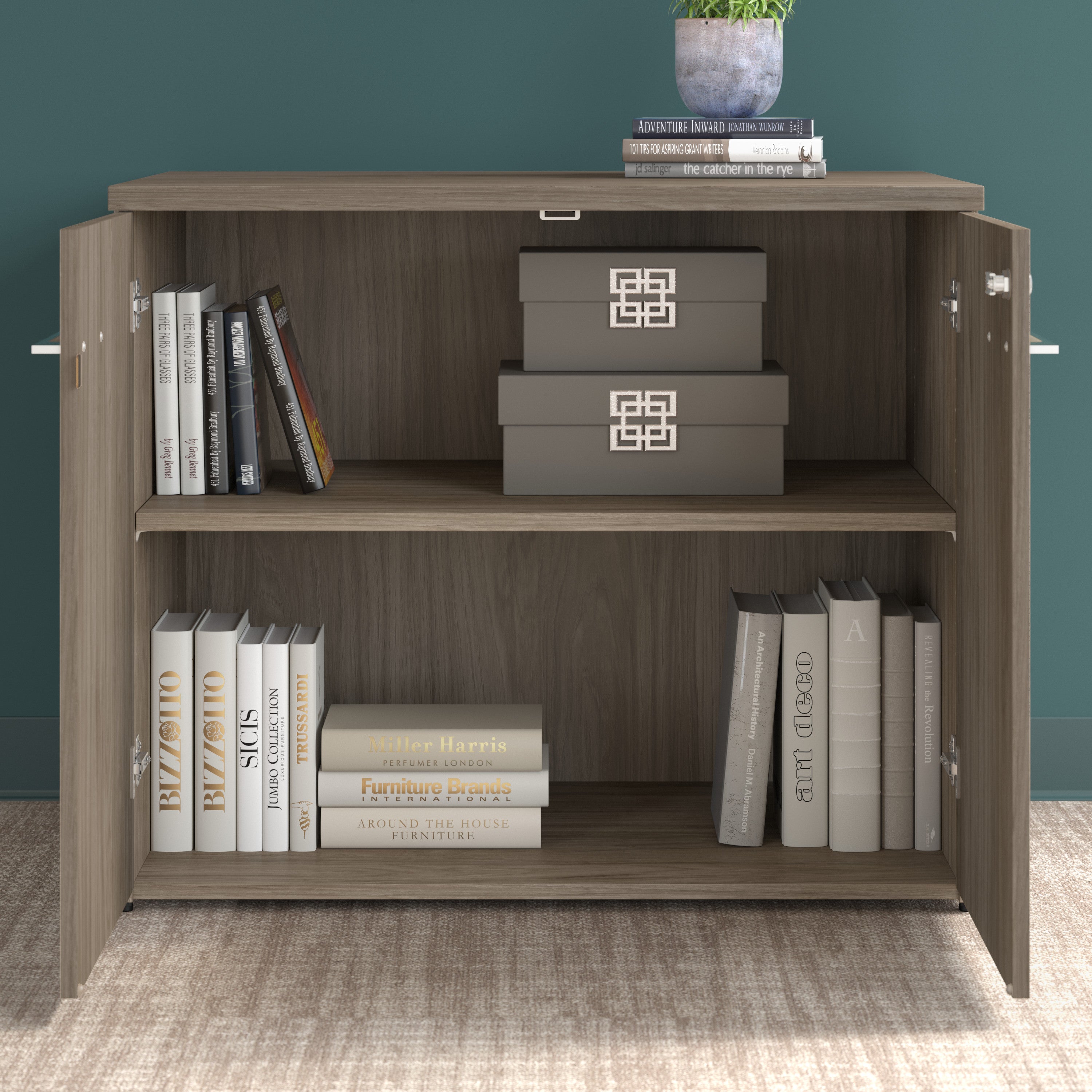 Bush Business Furniture Office 500 36W Storage Cabinet with Doors in Modern Hickory - Assembled - 35.67" Width x 23.35" Depth x 29.82" Height