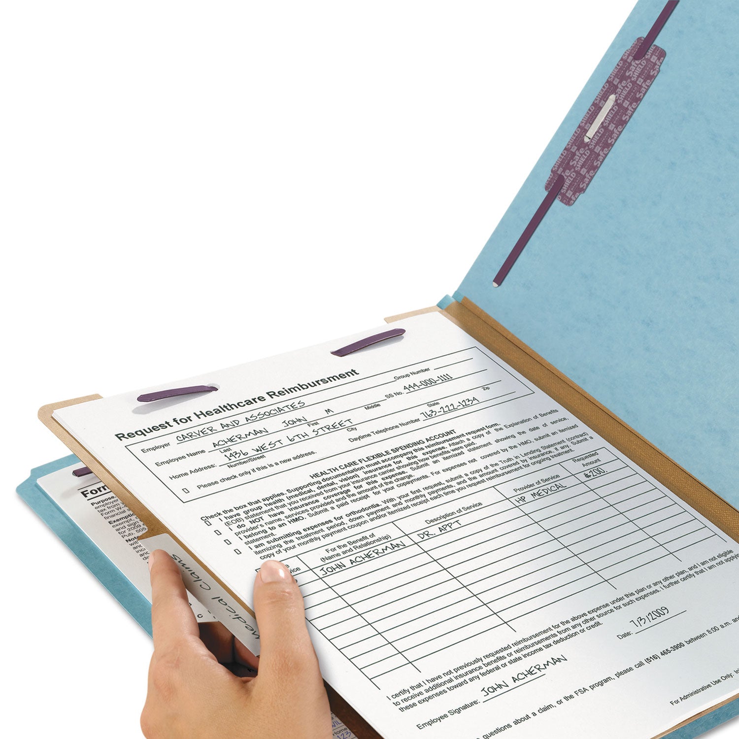 Smead SafeSHIELD 2/5 Tab Cut Letter Size Recycled Classification Folder, 2" Expansion, 1 Divider, Blue, Heavy Duty, Tear Resistant, 100% Recycled, 10/Box