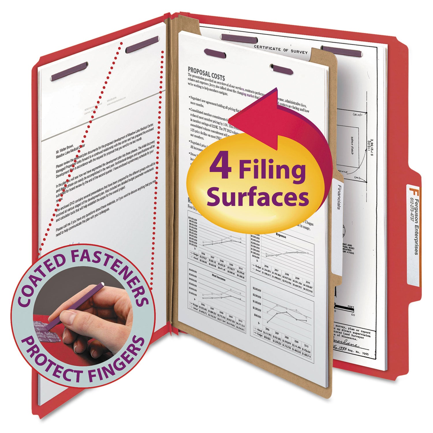 Smead SafeSHIELD 2/5 Tab Cut Letter Size Recycled Classification Folders, 2" Expansion, 1 Divider, Bright Red, Heavy Duty Pressboard, 10/Box