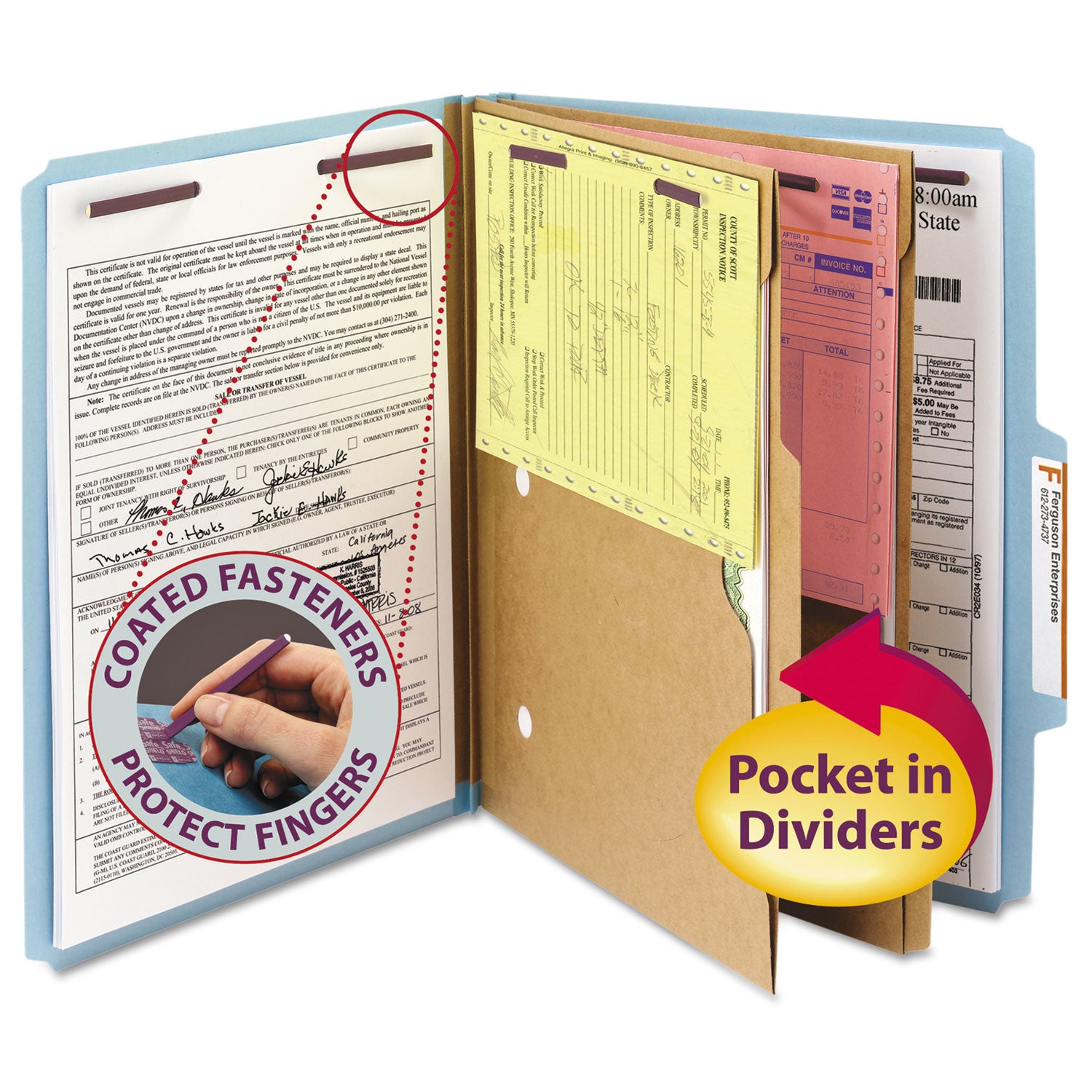 Smead SafeSHIELD 2/5 Tab Cut Letter Recycled Classification Folder, 8.5" x 11", 2" Expansion, 2 Fasteners, 2 Pockets, 2 Dividers, Blue, Heavy Duty, Tear Resistant, 100% Recycled, 10/Box