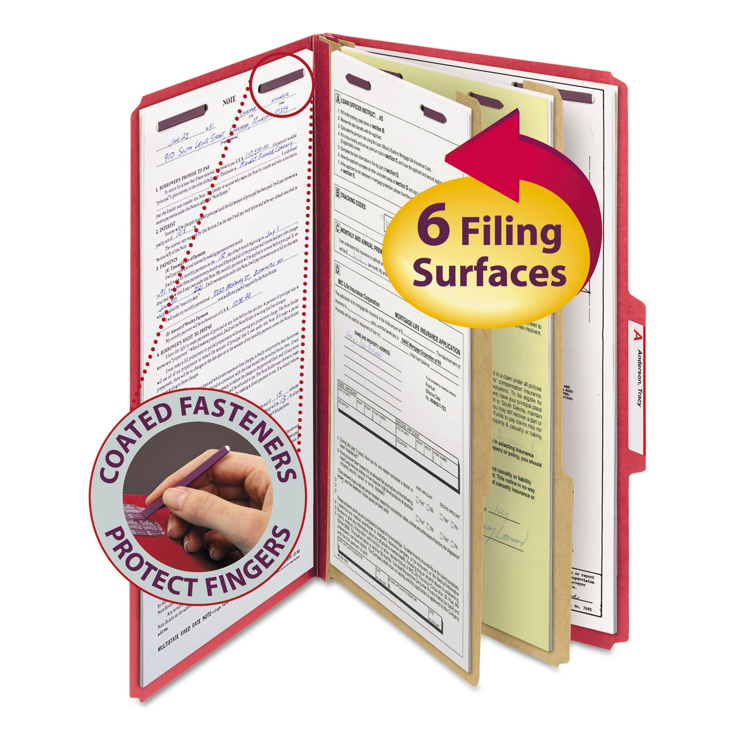 Smead SafeSHIELD 2/5 Tab Cut Legal Classification Folders, 2 Dividers, 2" Expansion, Bright Red, 100% Recycled, Heavy Duty, Tear Resistant, 8.5" x 14", 10/Box