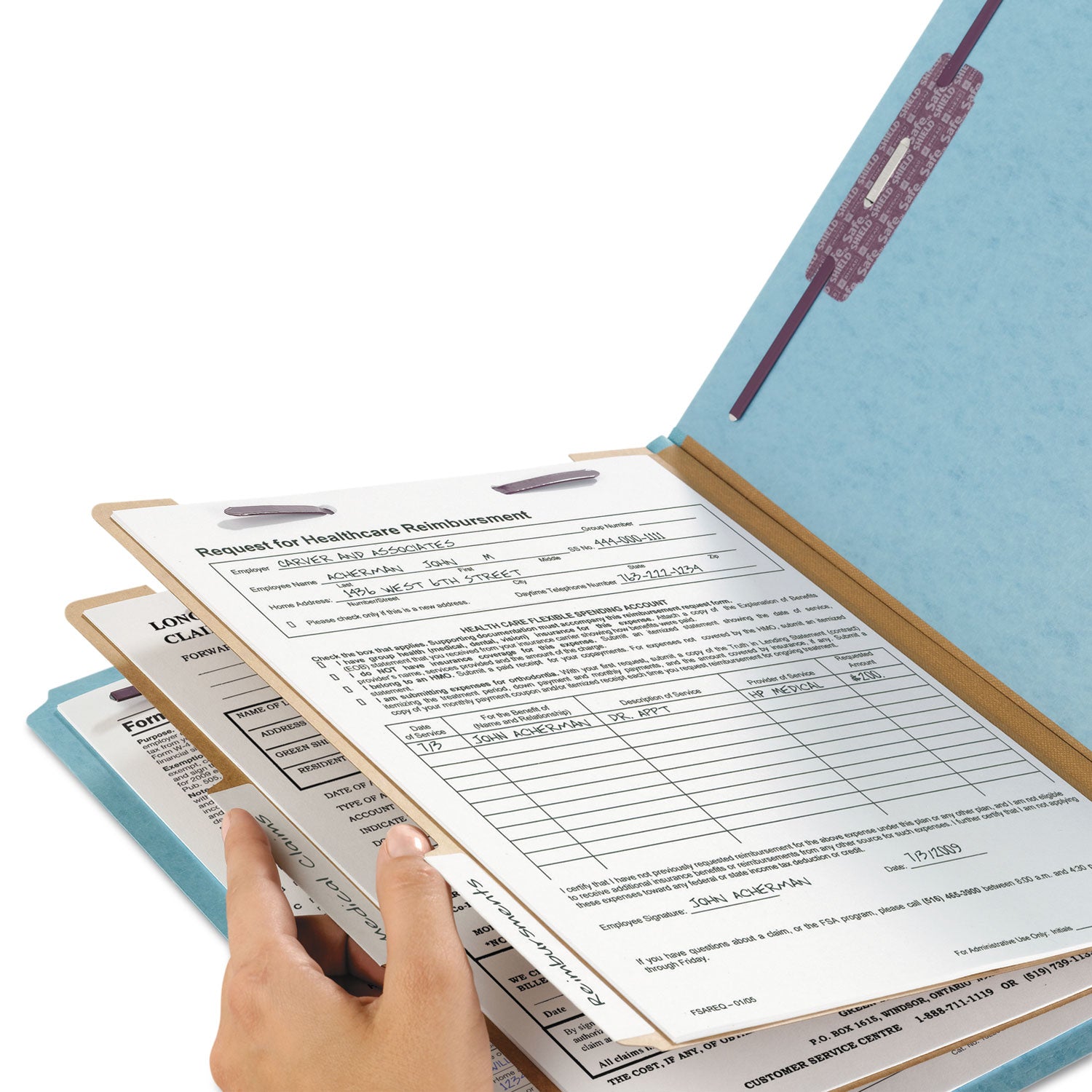 Smead SafeSHIELD 2/5 Tab Cut Letter Size Recycled Classification Folders, 2" Expansion, 2 Fasteners, 2 Dividers, 25 pt. Pressboard, Blue, Heavy Duty, Tear Resistant, 100% Recycled, 10/Box