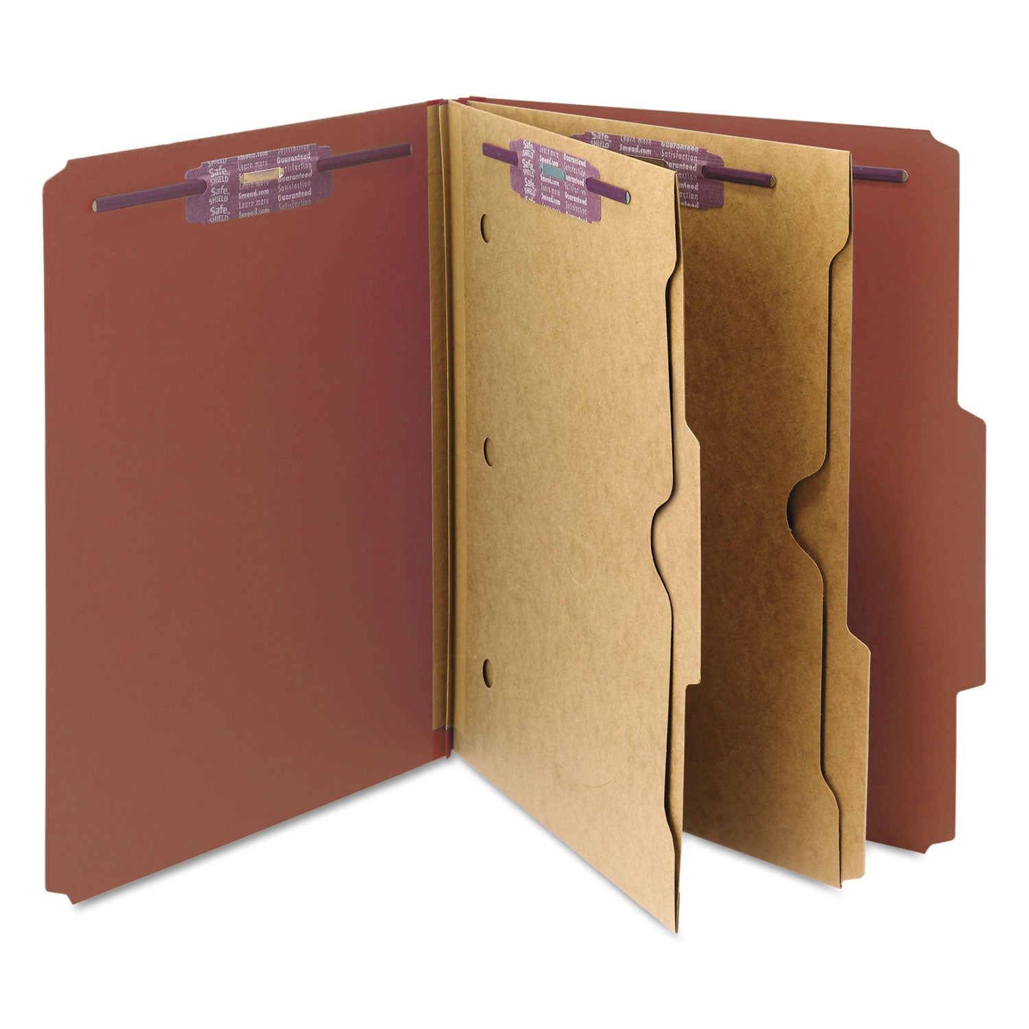 Smead SafeSHIELD 2/5 Tab Cut Letter Size Red Classification Folders, 2" Expansion, 2 Fasteners, 2 Pockets, 2 Dividers, 25 pt. Heavy Duty, 100% Recycled, 10/Box