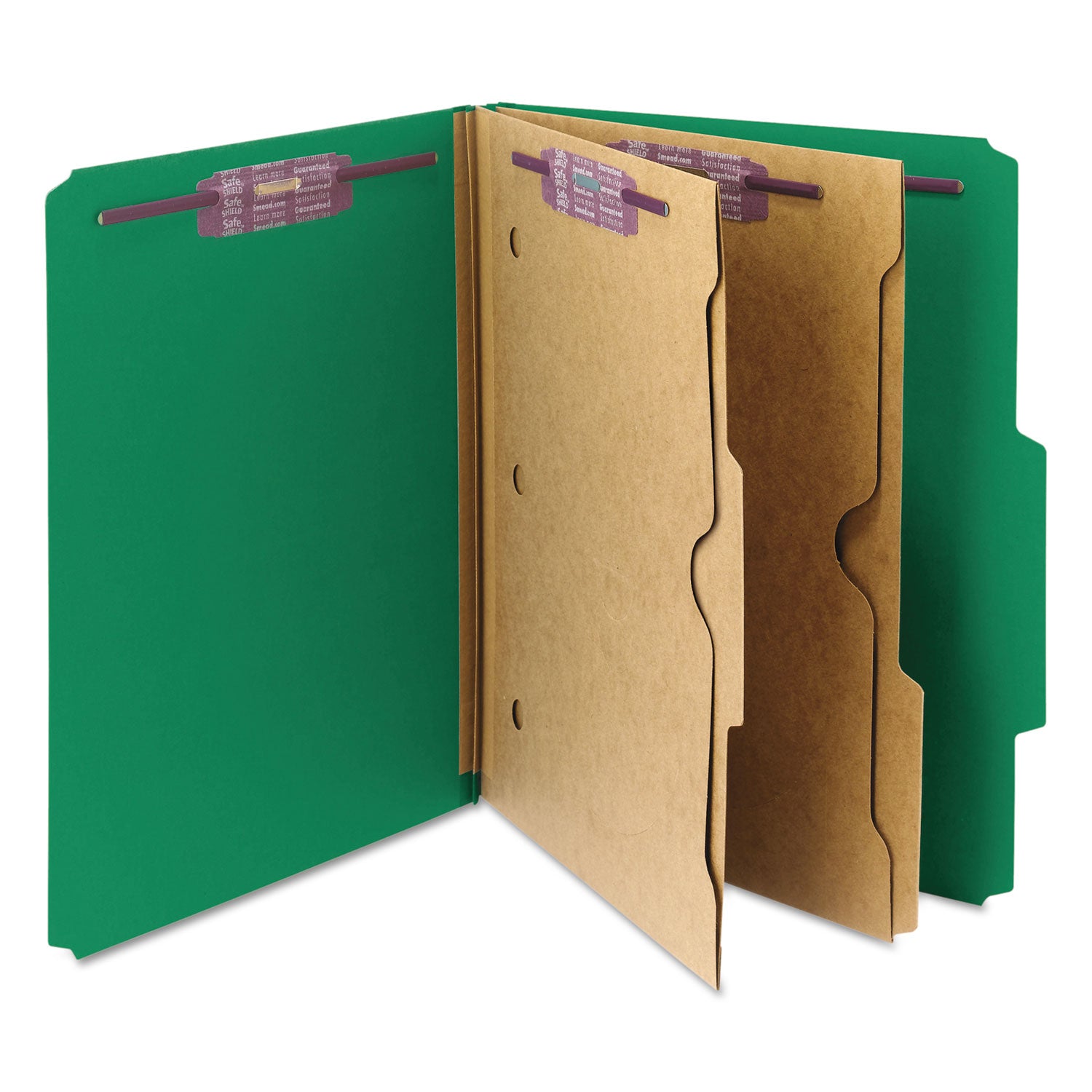 Smead SafeSHIELD 2/5 Tab Cut Letter Size Recycled Classification Folders, 2" Expansion, 2 Fasteners, 2 Pockets, 2 Dividers, Heavy Duty, Green, 100% Recycled, 10/Box