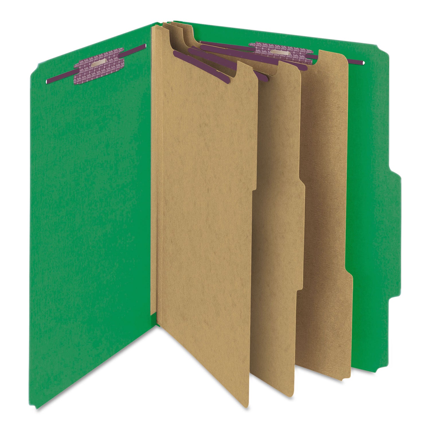Smead SafeSHIELD 2/5 Tab Letter Size Recycled Classification Folders, 3 Dividers, 2 Fasteners, 3" Expansion, Green, Heavy Duty, 100% Recycled, 10/Box