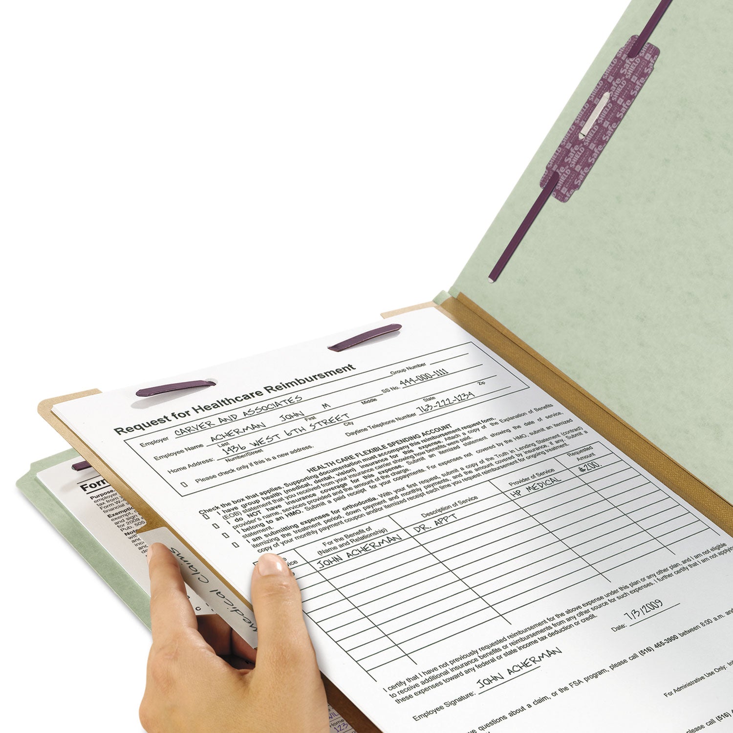 Smead SafeSHIELD 2/5 Tab Cut Legal Recycled Classification Folder, 8 1/2" x 14", 2" Expansion, 2 Fasteners, 1 Divider, Pressboard, Gray/Green, 10/Box