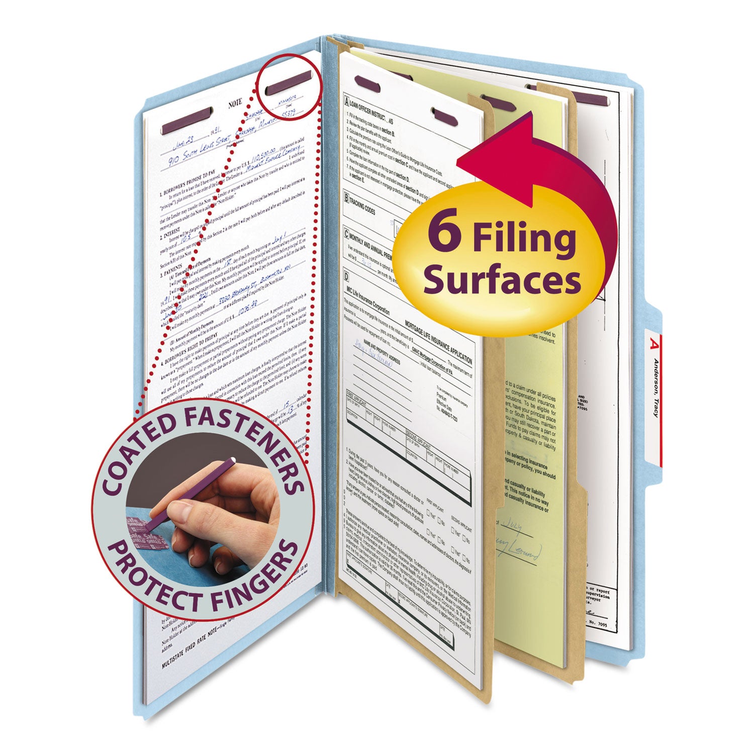 Smead SafeSHIELD 2/5 Tab Cut Legal Recycled Classification Folder, 8 1/2" x 14", 2" Expansion, 2 Fasteners, 2 Dividers, 25 pt. Pressboard, Blue, 100% Recycled, 10/Box