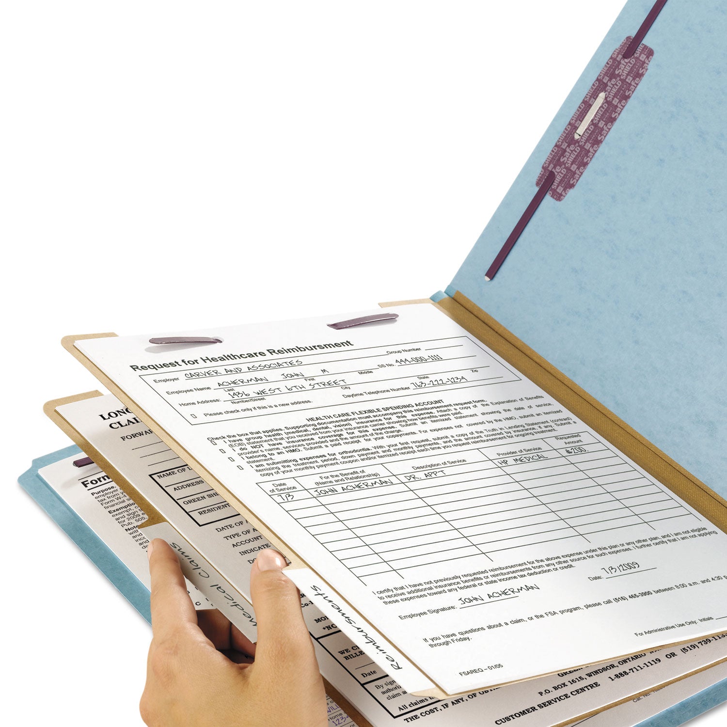 Smead SafeSHIELD 2/5 Tab Cut Legal Recycled Classification Folder, 8 1/2" x 14", 2" Expansion, 2 Fasteners, 2 Dividers, 25 pt. Pressboard, Blue, 100% Recycled, 10/Box