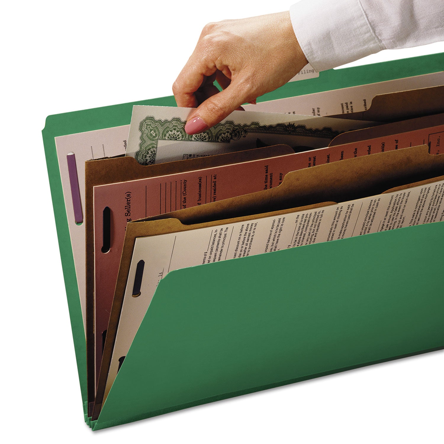 Smead SafeSHIELD 2/5 Tab Cut Letter Size Recycled Classification Folders, 2" Expansion, 2 Fasteners, 2 Pockets, 2 Dividers, Heavy Duty, Green, 100% Recycled, 10/Box