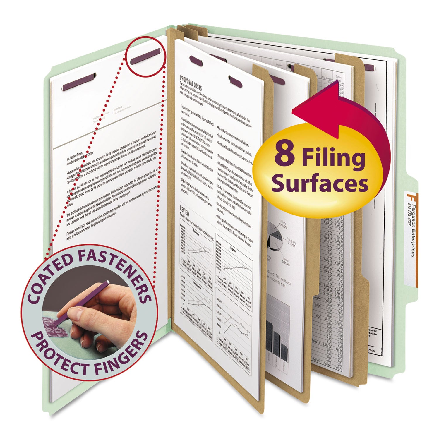 Smead SafeSHIELD 2/5 Tab Cut Letter Size Recycled Classification Folders, 3" Expansion, 3 Dividers, 2 Fasteners, Pressboard, Gray/Green, 100% Recycled, 10/Box