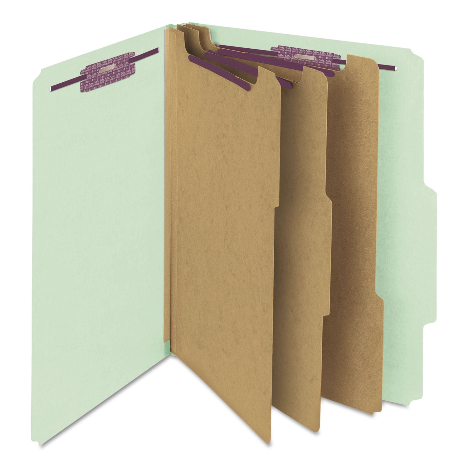 Smead SafeSHIELD 2/5 Tab Cut Letter Size Recycled Classification Folders, 3" Expansion, 3 Dividers, 2 Fasteners, Pressboard, Gray/Green, 100% Recycled, 10/Box