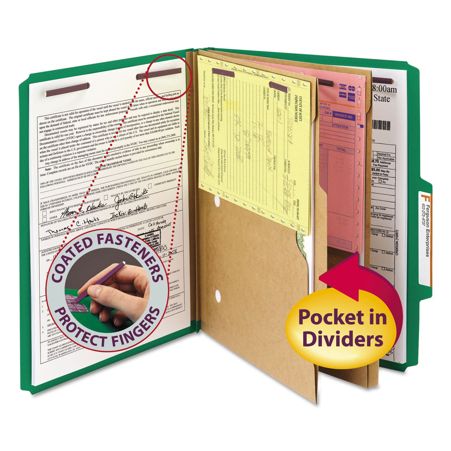 Smead SafeSHIELD 2/5 Tab Cut Letter Size Recycled Classification Folders, 2" Expansion, 2 Fasteners, 2 Pockets, 2 Dividers, Heavy Duty, Green, 100% Recycled, 10/Box