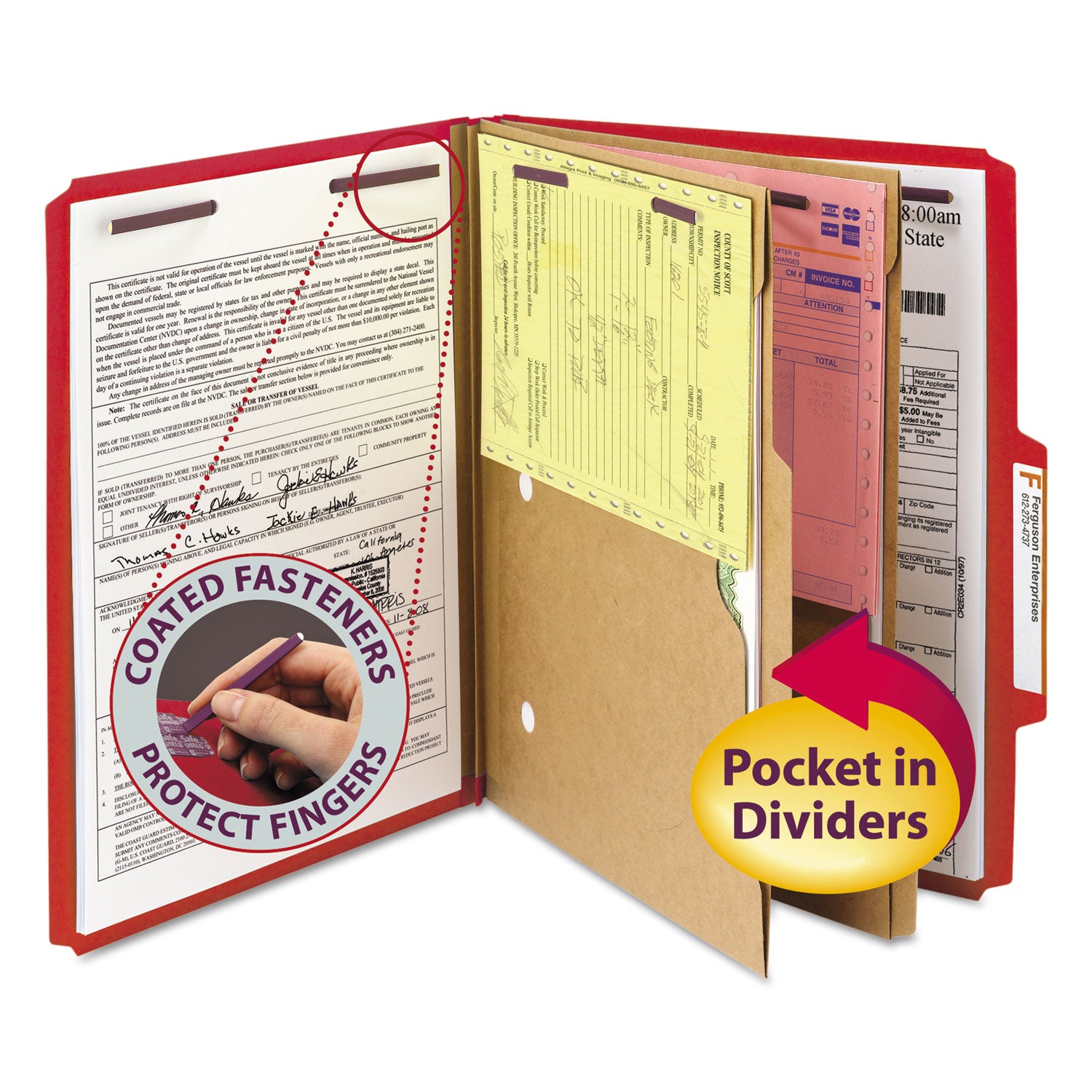 Smead SafeSHIELD 2/5 Tab Cut Letter Recycled Classification Folders, 8.5" x 11", 2" Expansion, 2 Fasteners, 2 Pockets, 2 Dividers, Bright Red, Heavy Duty, Tear Resistant, 100% Recycled, 10/Box