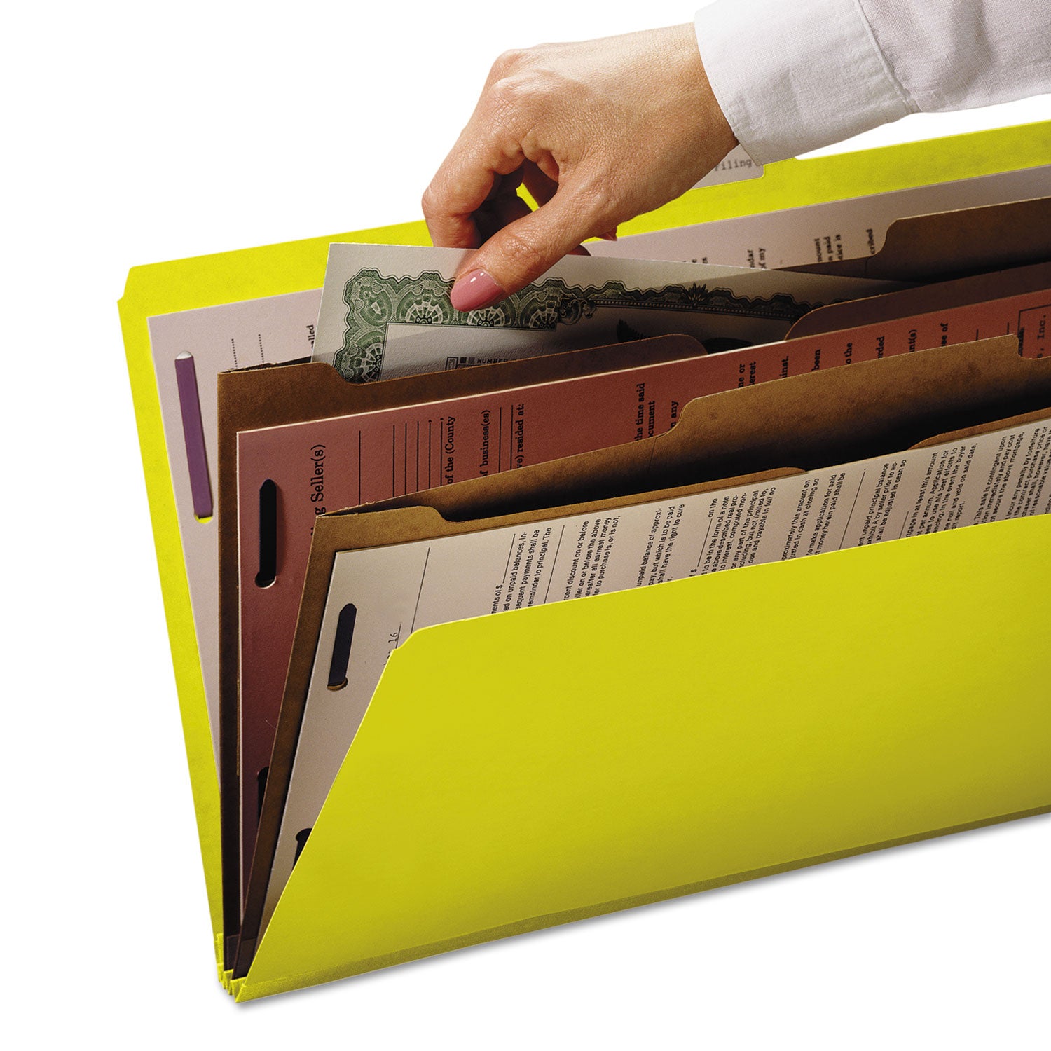 Smead SafeSHIELD 2/5 Tab Cut Letter Size Recycled Classification Folders, 2" Expansion, 2 Fasteners, 2 Pockets, 2 Dividers, Yellow, Heavy Duty, Tear Resistant, 100% Recycled, 10/Box