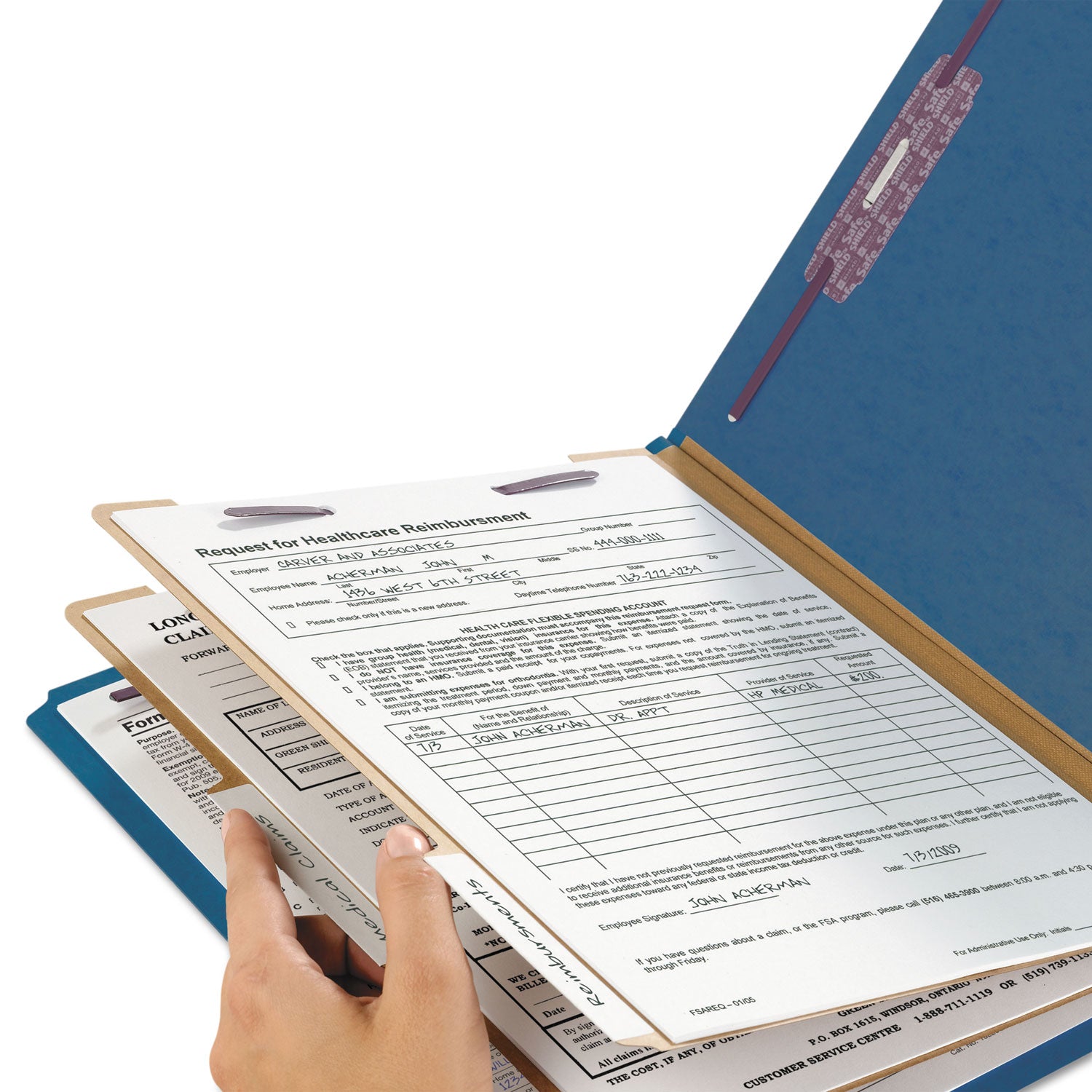 Smead SafeSHIELD 2/5 Tab Cut Letter Size Recycled Classification Folders, 2" Expansion, 2 Fasteners, 2 Dividers, 25 pt. Pressboard, Dark Blue, Heavy Duty, Tear Resistant, 100% Recycled, 10/Box