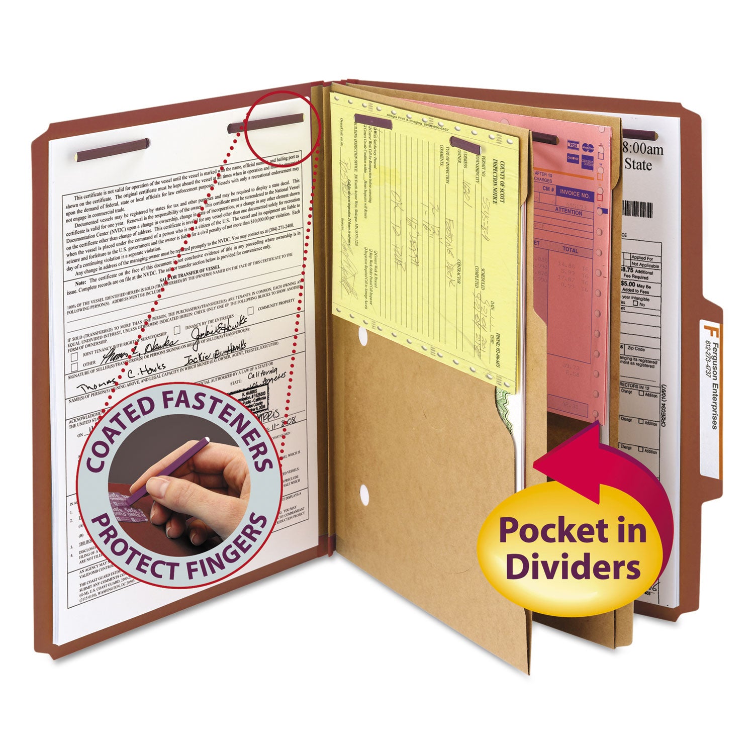 Smead SafeSHIELD 2/5 Tab Cut Letter Size Red Classification Folders, 2" Expansion, 2 Fasteners, 2 Pockets, 2 Dividers, 25 pt. Heavy Duty, 100% Recycled, 10/Box