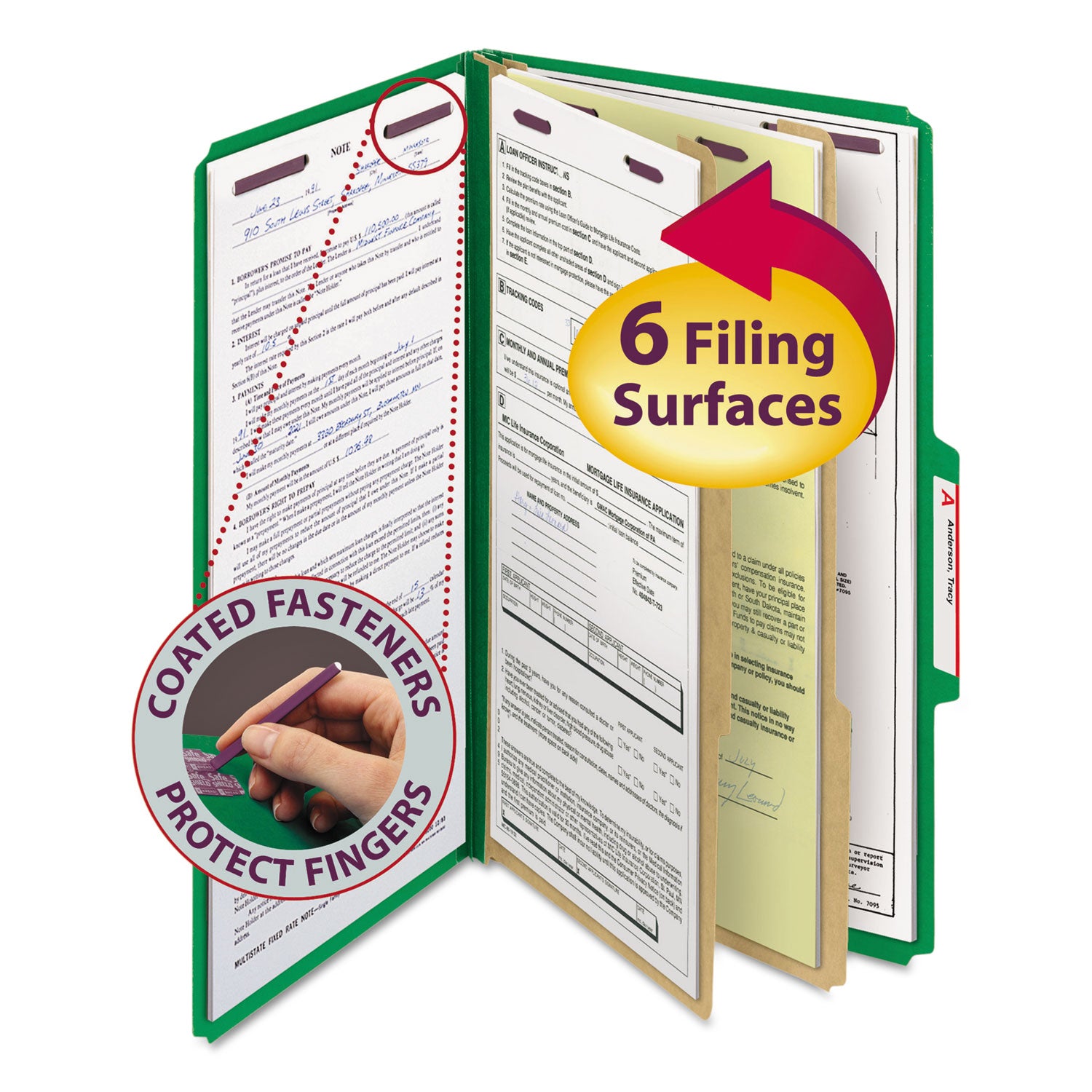 Smead SafeSHIELD 2/5 Tab Cut Legal Classification Folder, 8.5" x 14", 2" Expansion, 2 Fasteners, 2 Dividers, 25 pt. Pressboard, Green, 100% Recycled, 10/Box
