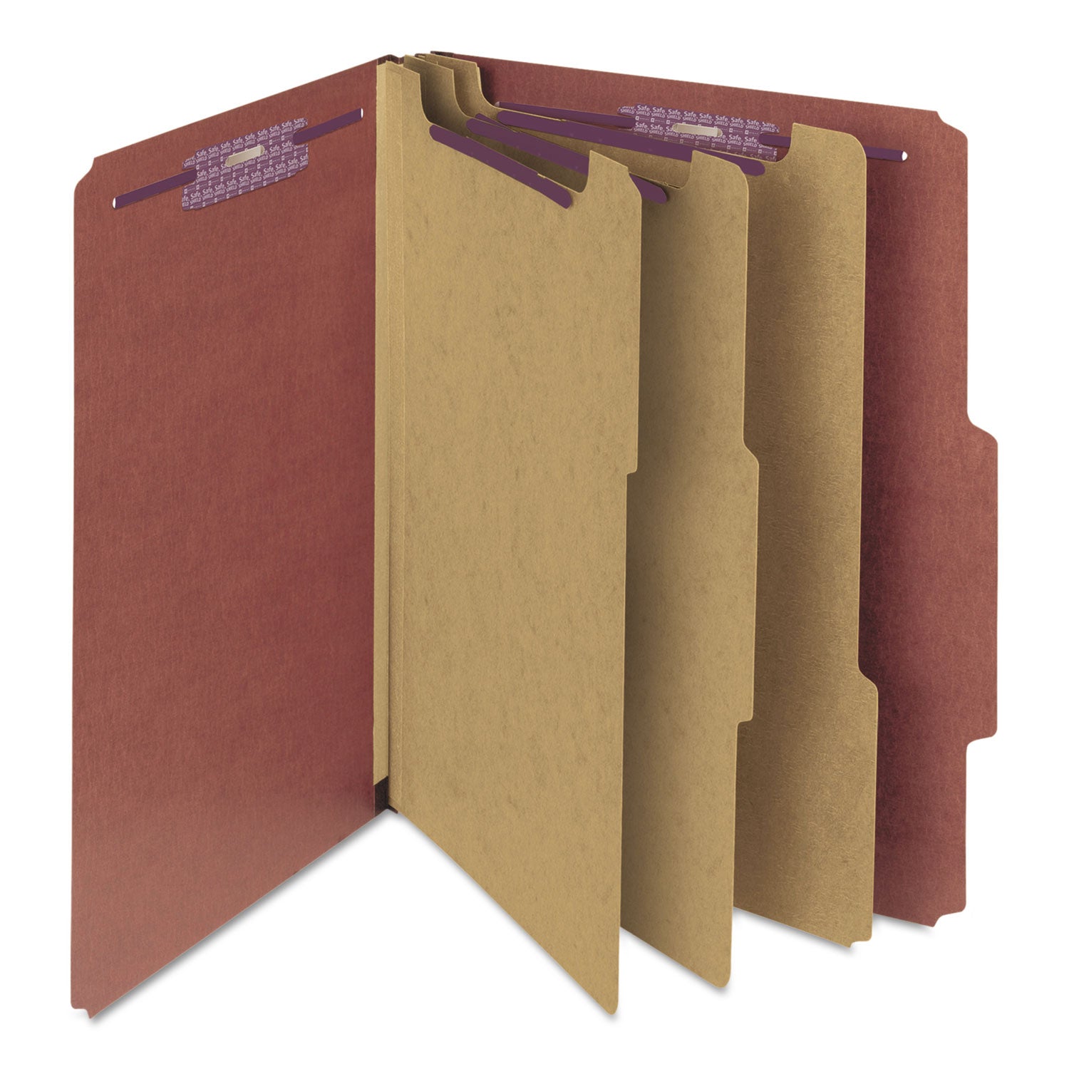 Smead SafeSHIELD 2/5 Tab Cut Letter Size Recycled Classification Folders, 3" Expansion, 3 Dividers, 2 Fasteners, Red, Heavy Duty, 100% Recycled, 10/Box