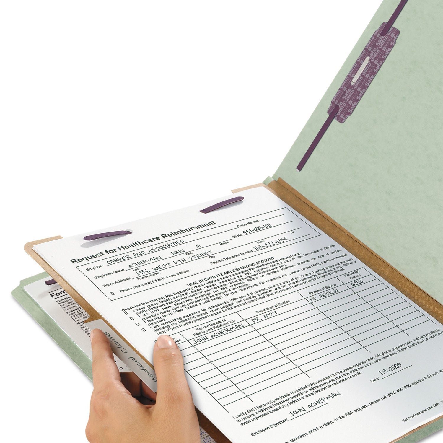 Smead SafeSHIELD 2/5 Tab Cut Letter Recycled Classification Folder, 8.5" x 11", 2" Expansion, 2 Fasteners, 1 Divider, Pressboard, Gray/Green, Heavy Duty, Tear Resistant, 100% Recycled, 10/Box