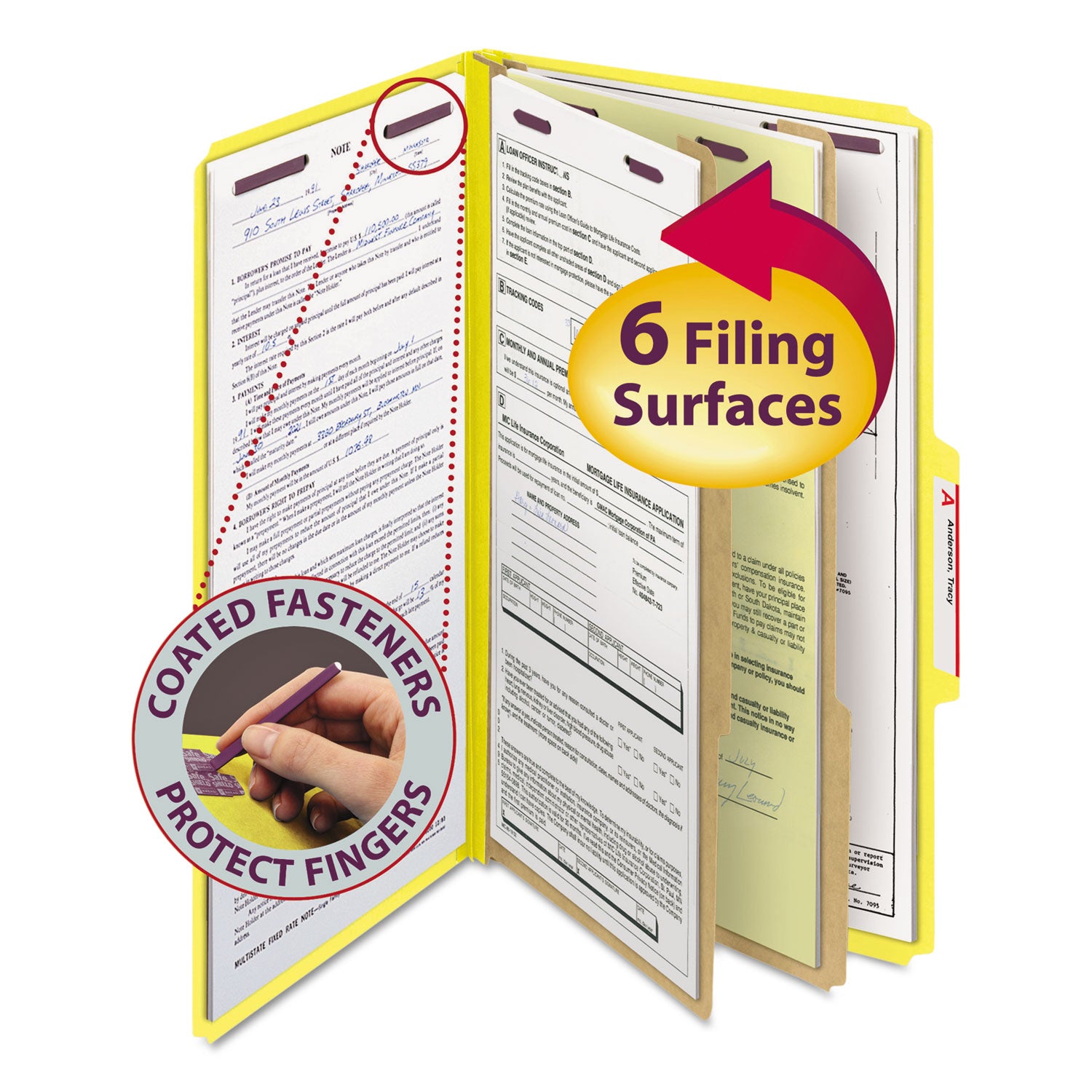 Smead SafeSHIELD 2/5 Tab Cut Legal Classification Folders, 2 Dividers, 2" Expansion, 2 Fasteners, Yellow, 100% Recycled, 8.5" x 14", 10/Box