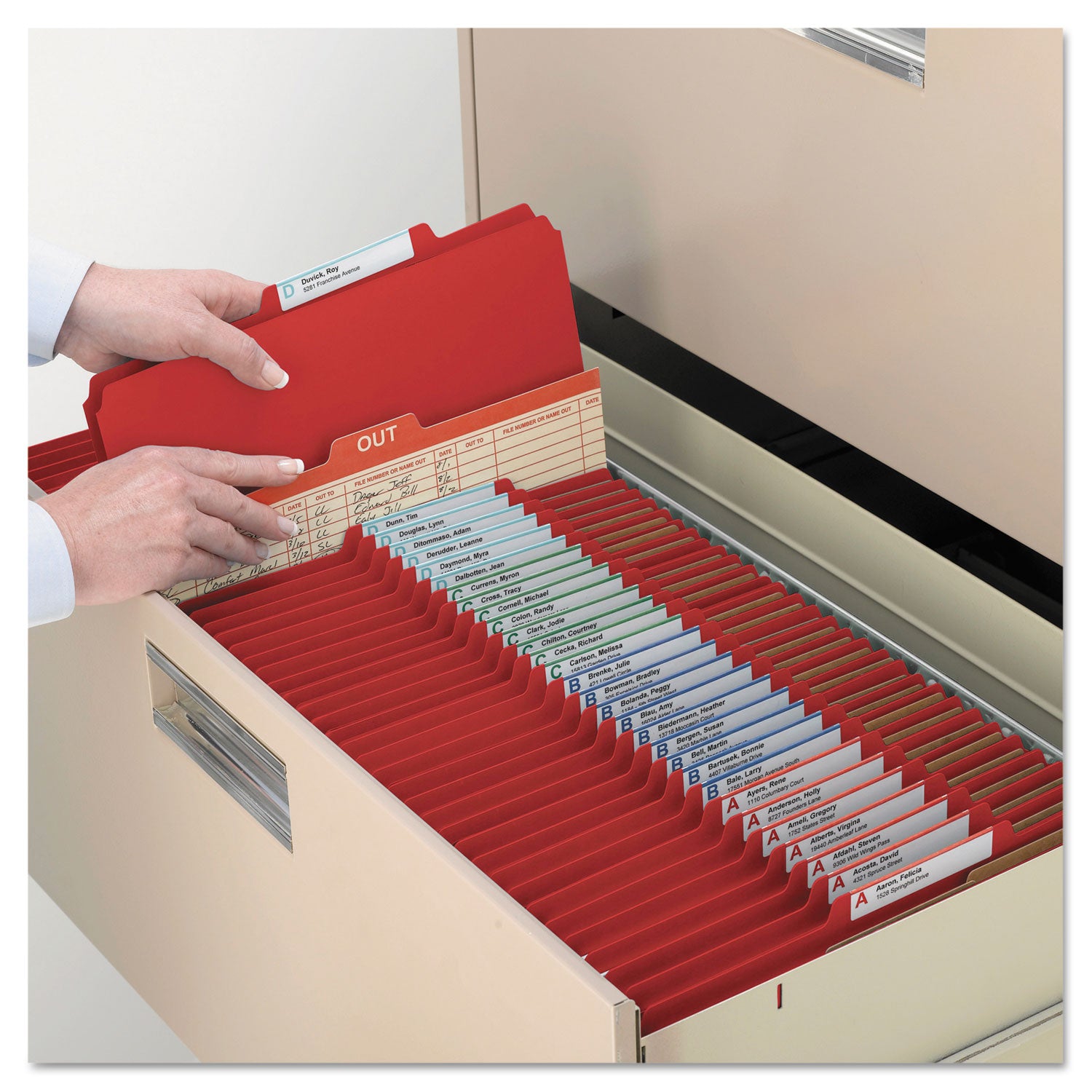 Smead SafeSHIELD 2/5 Tab Cut Letter Size Recycled Classification Folders, 2" Expansion, 2 Fasteners, 2 Dividers, Bright Red, Heavy Duty, 100% Recycled, 10/Box